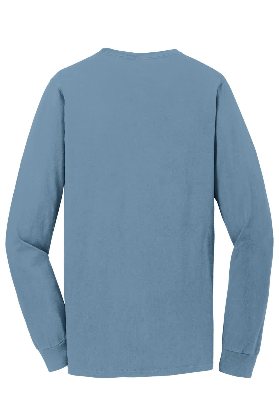 A long sleeve tee in a soft blue colour, featuring a plain back and a casual fit, with a brand logo.