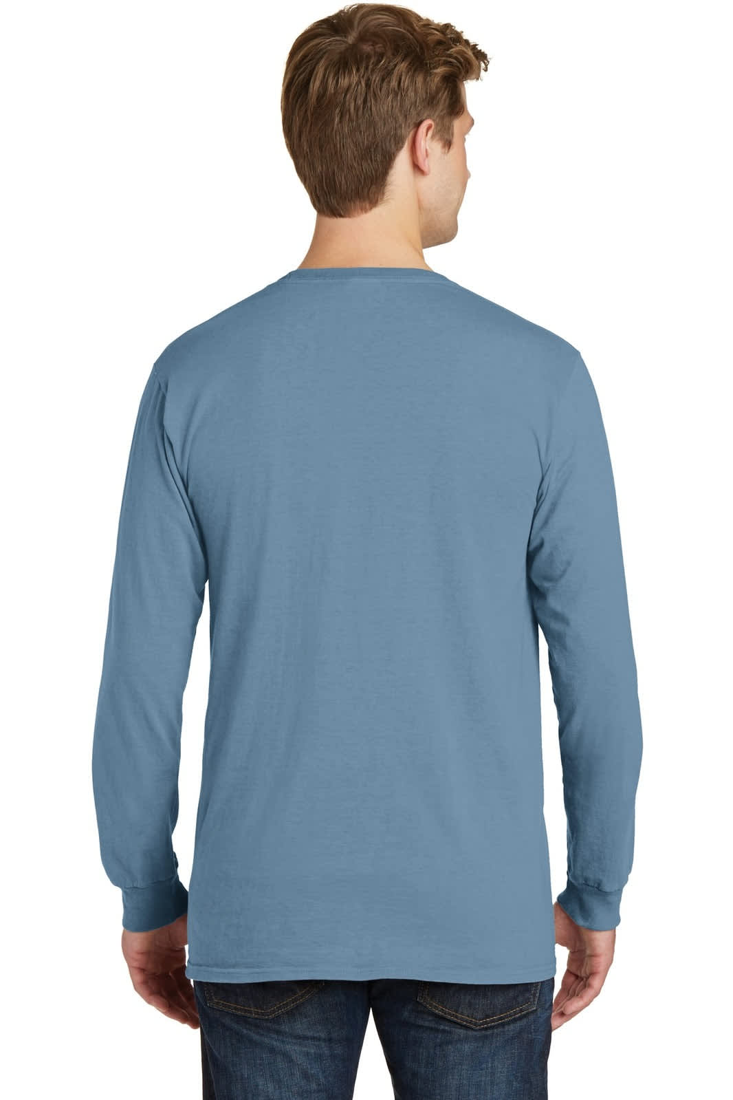 A long sleeve tee in light blue, featuring a plain design and a logo on the back.