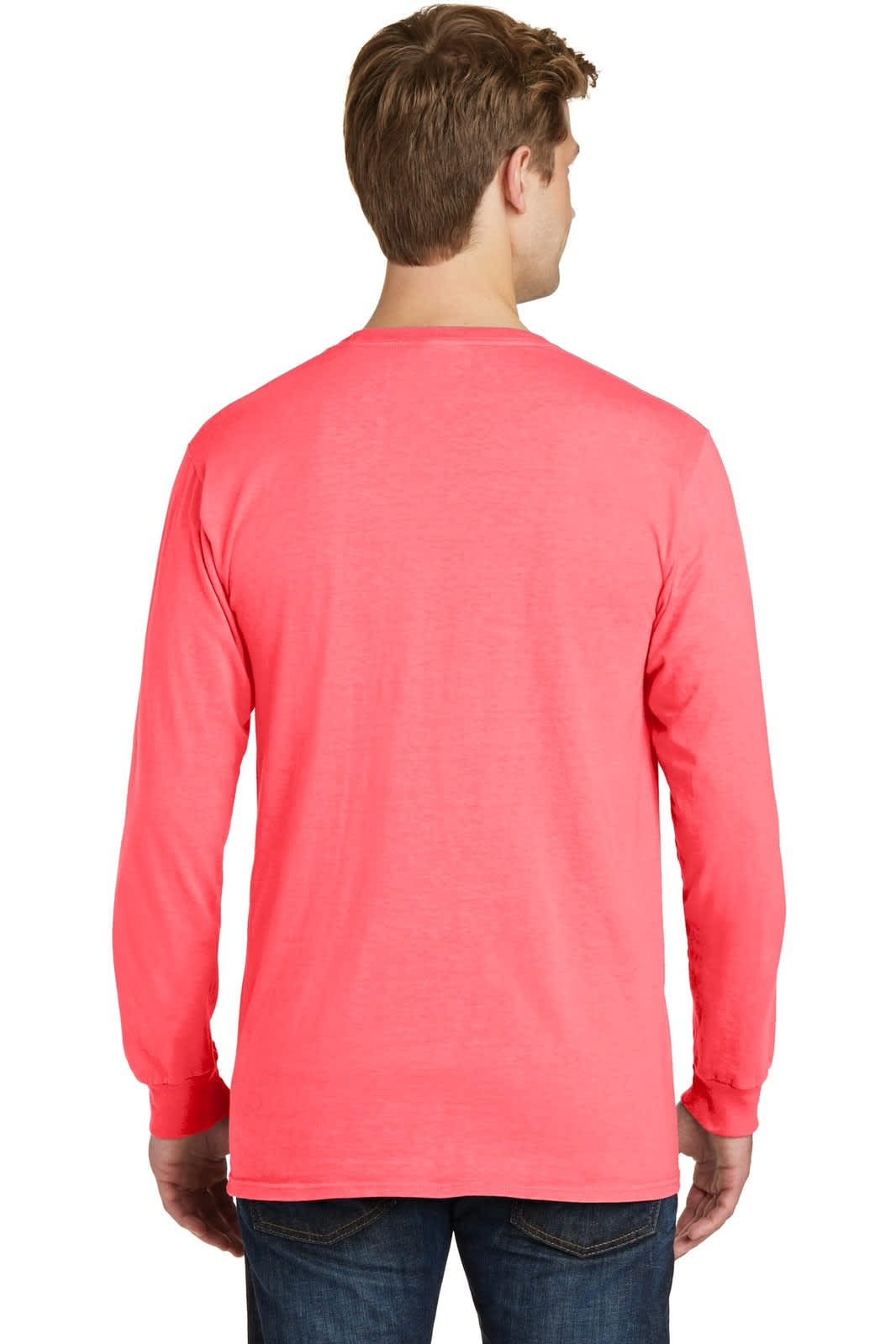 A man wearing a coral pigment-dyed long sleeve tee, viewed from the back. The shirt has a logo on it.