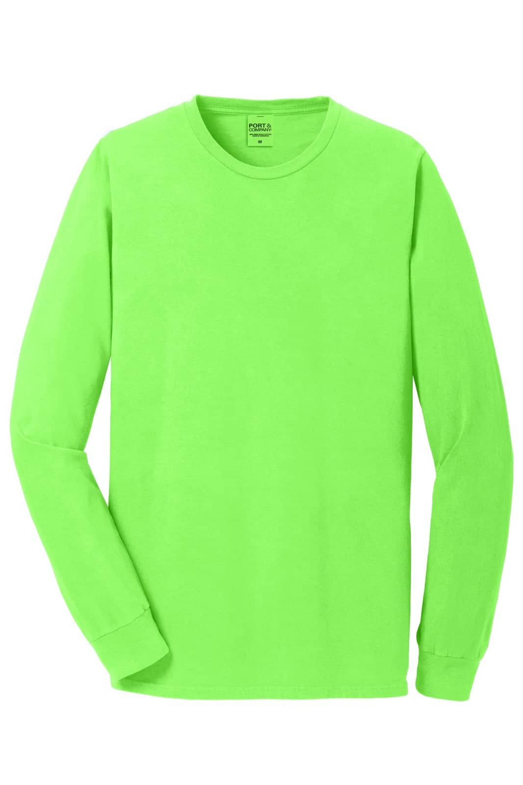 A vibrant lime green long sleeve tee made from pigment-dyed fabric, featuring a logo.