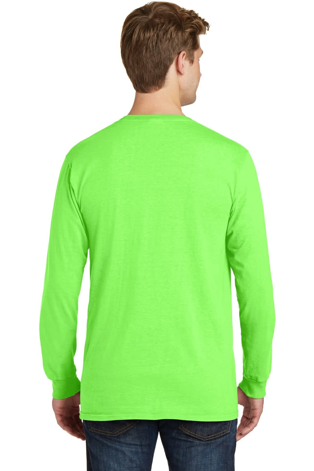 A man is wearing a bright green long sleeve T-shirt, viewed from the back. The shirt features a logo.