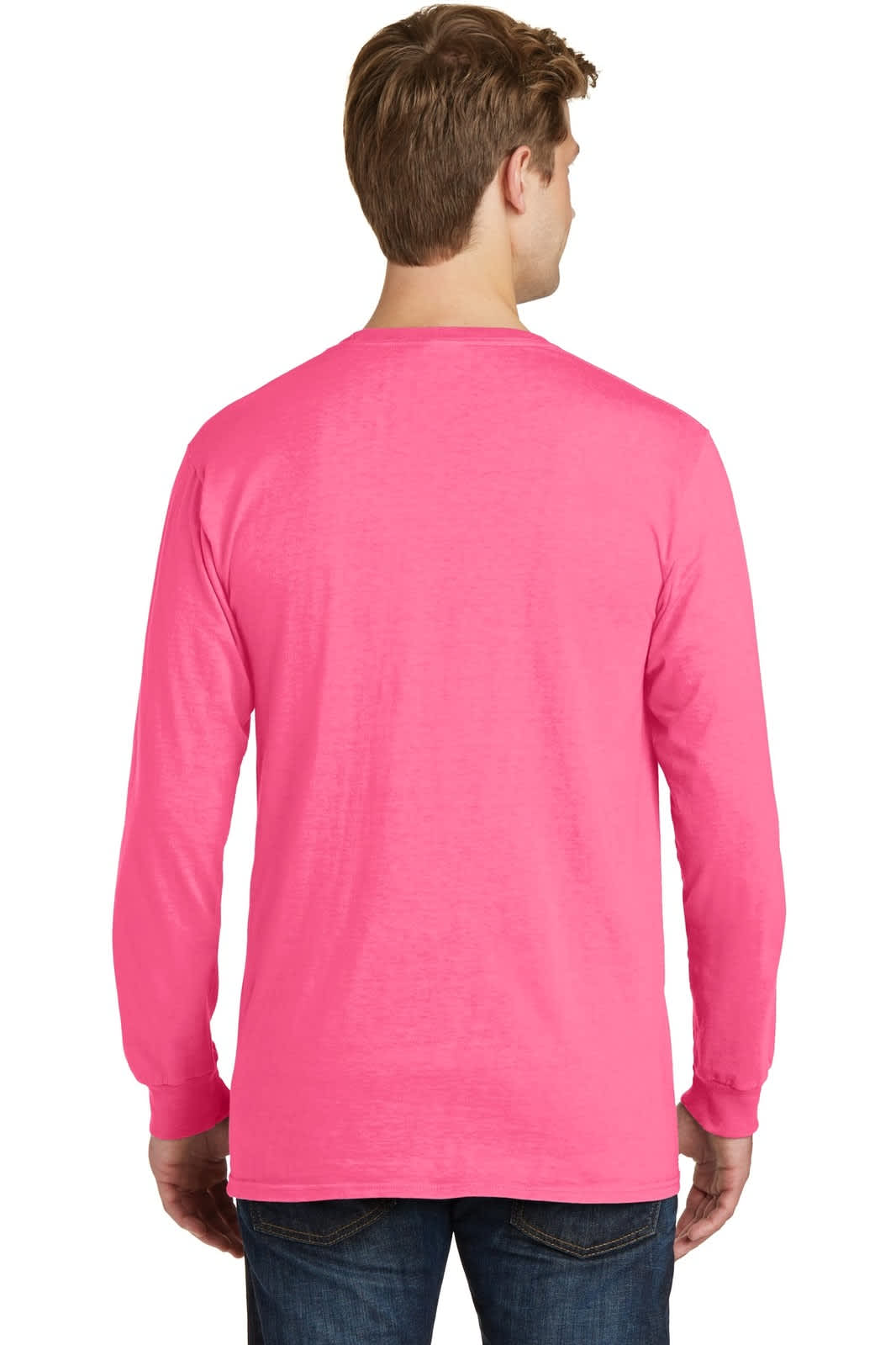 A man wearing a vibrant pink long sleeve tee, viewed from the back. The shirt features a logo.