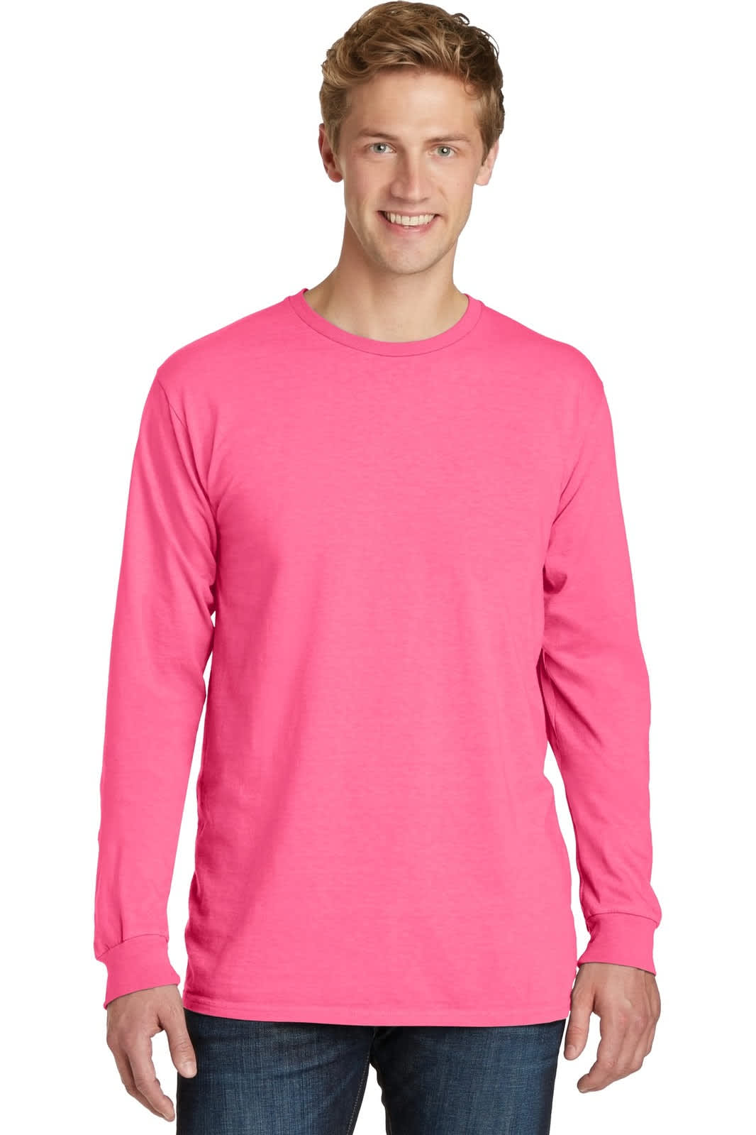 A man wearing a bright pink long sleeve t-shirt with a round neck and a logo on the front.