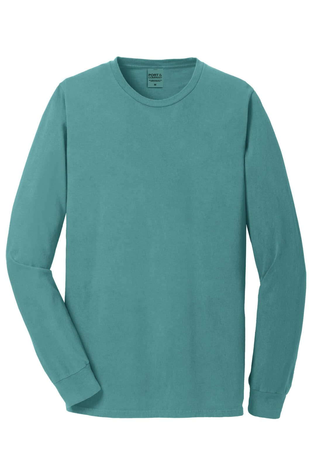 A long sleeve tee in teal with a round neck, featuring a small logo on the inner label.
