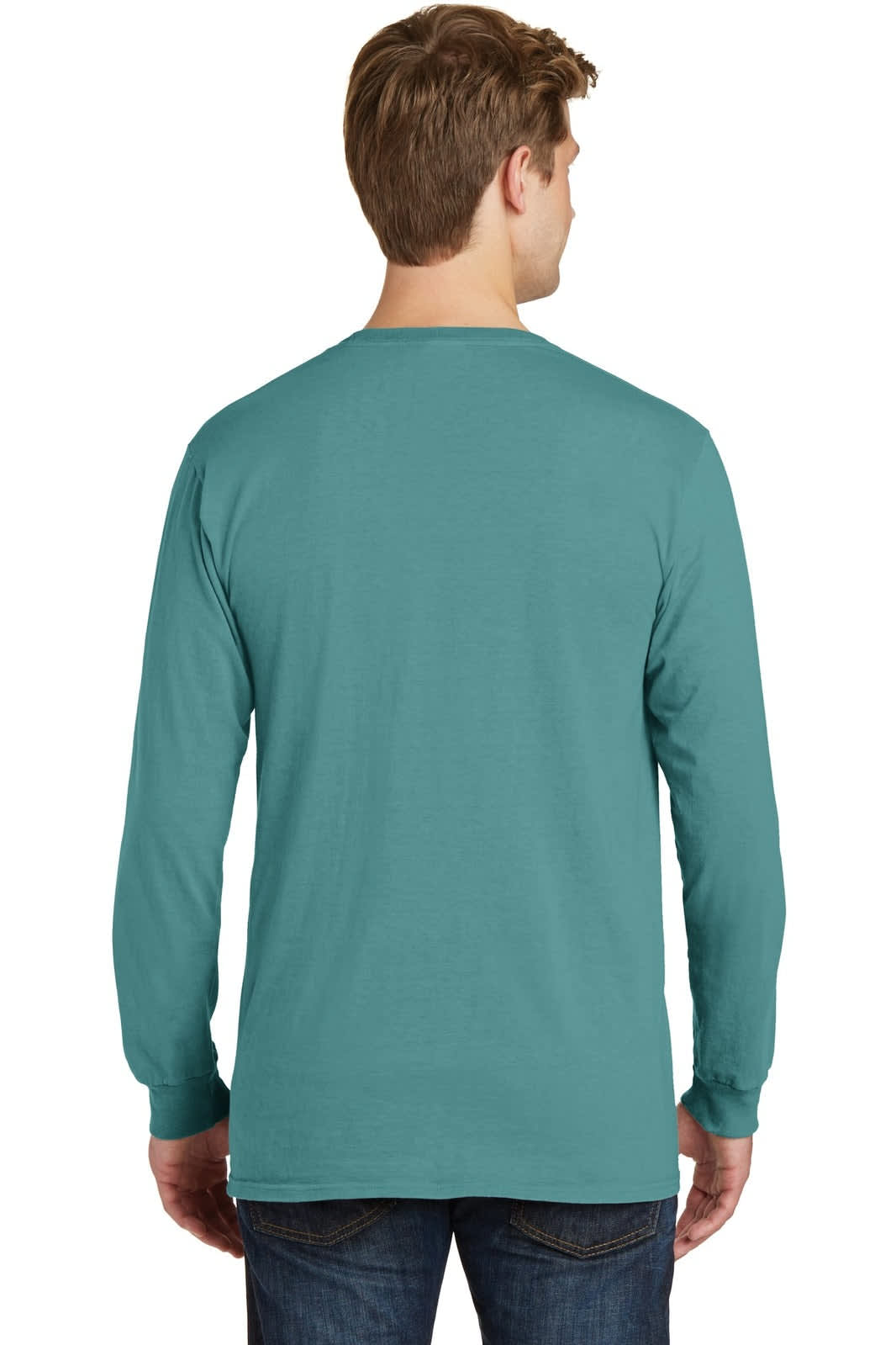 A man wears a teal pigment-dyed long sleeve tee, showcasing the back design. The shirt has a simple logo.