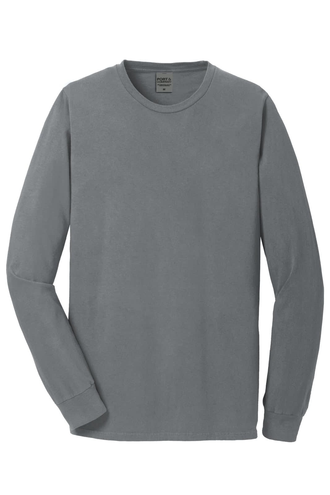 A grey long sleeve t-shirt made from pigment-dyed fabric, featuring a crew neck and a logo.