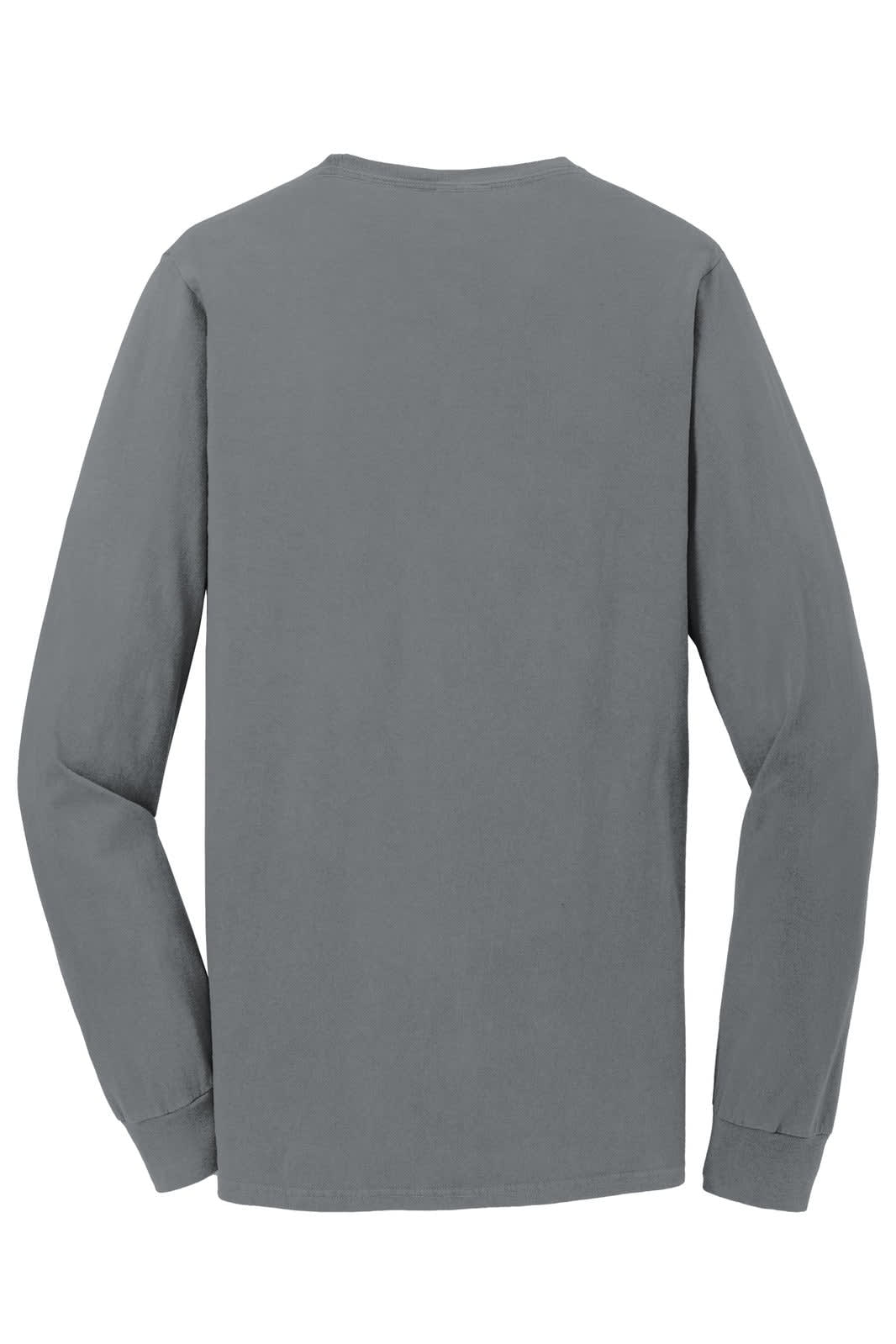 A long sleeve tee in a muted grey colour, featuring a minimalist design with a logo on the back.