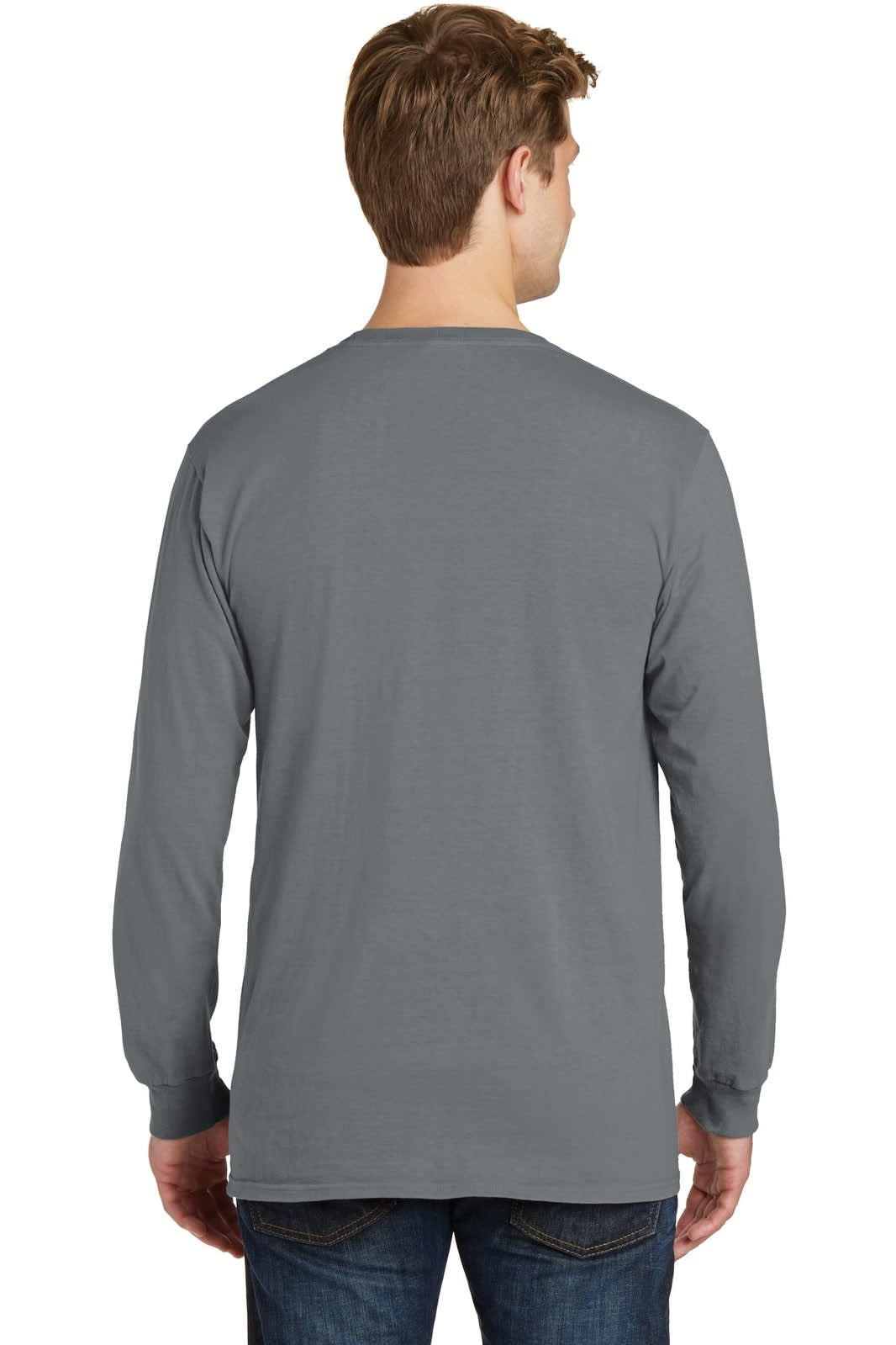 A long sleeve tee in grey, featuring a simple design and a logo on the back.