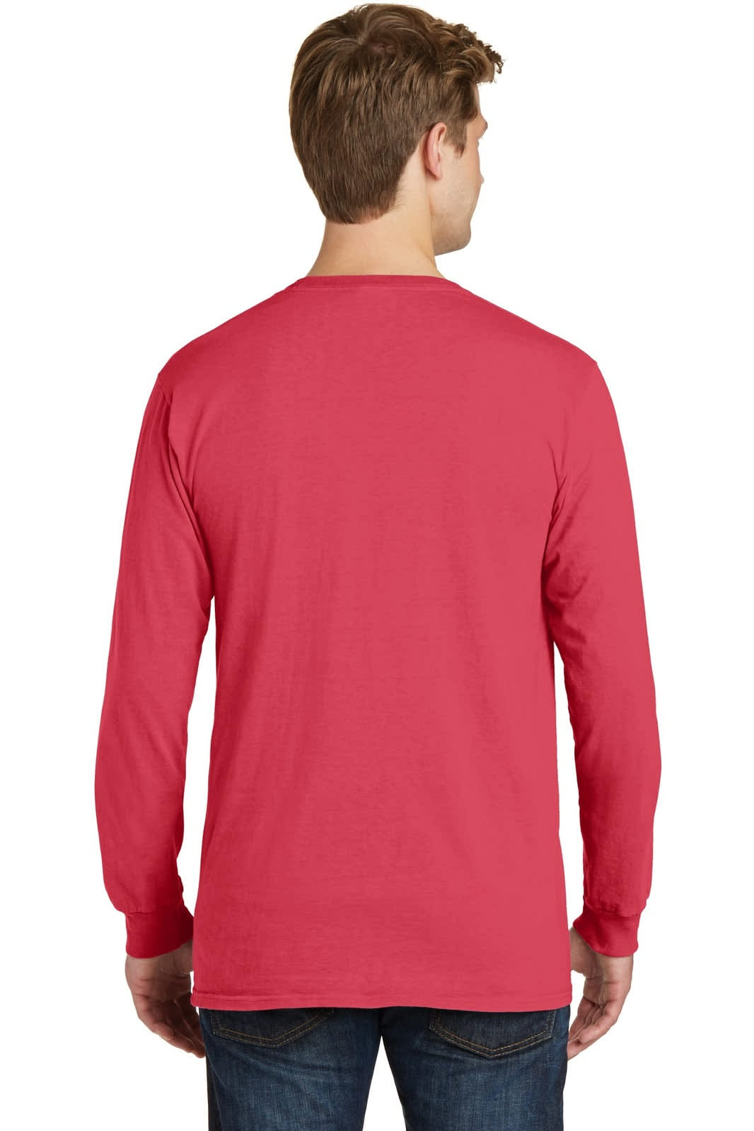 A red long sleeve tee viewed from the back, featuring a plain design with a logo.
