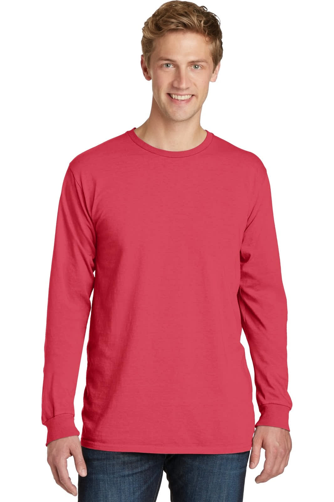 A man is wearing a red long sleeve tee. The shirt features a logo on the front.