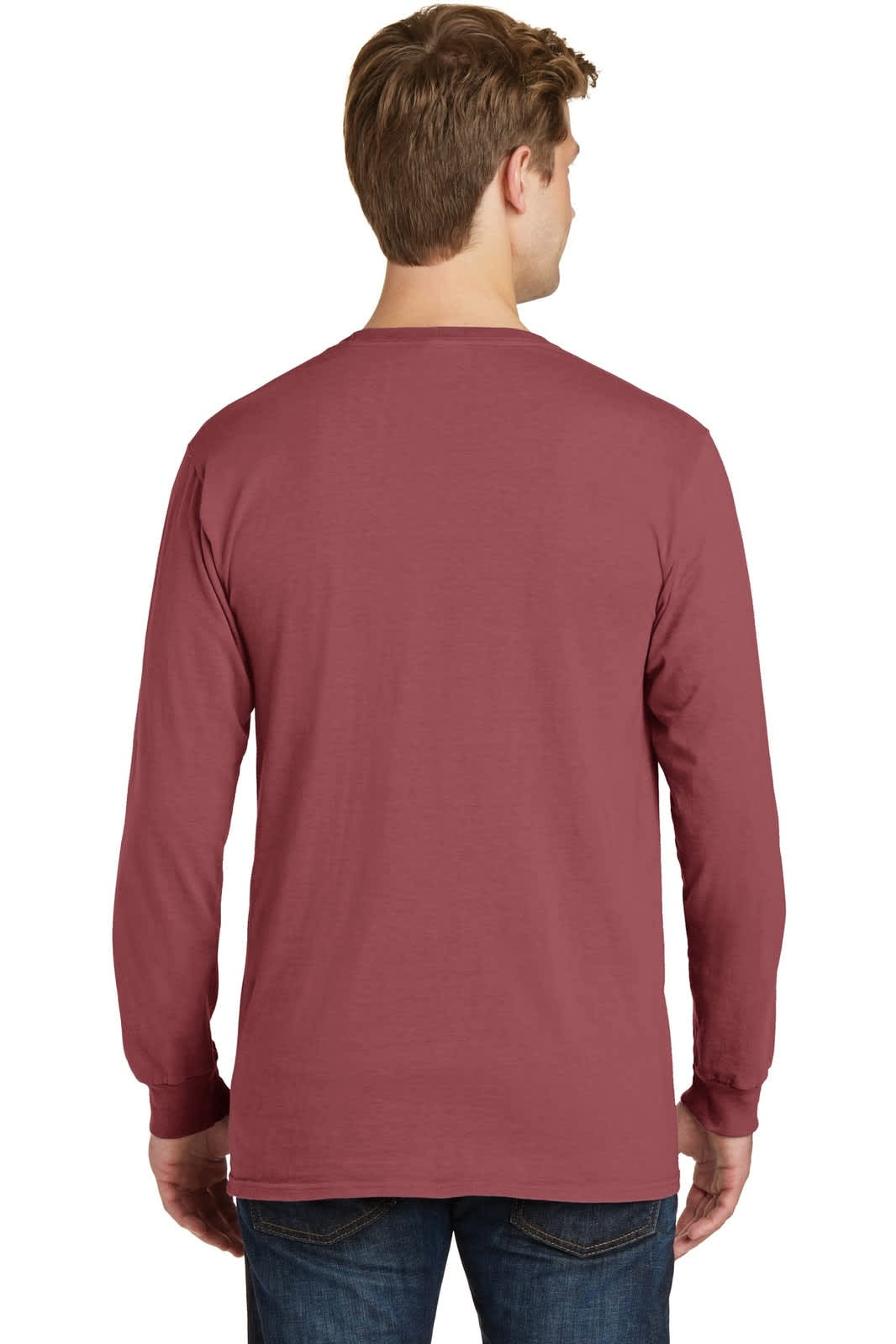 A man wearing a maroon long sleeve T-shirt, viewed from the back. The shirt has a logo on it.
