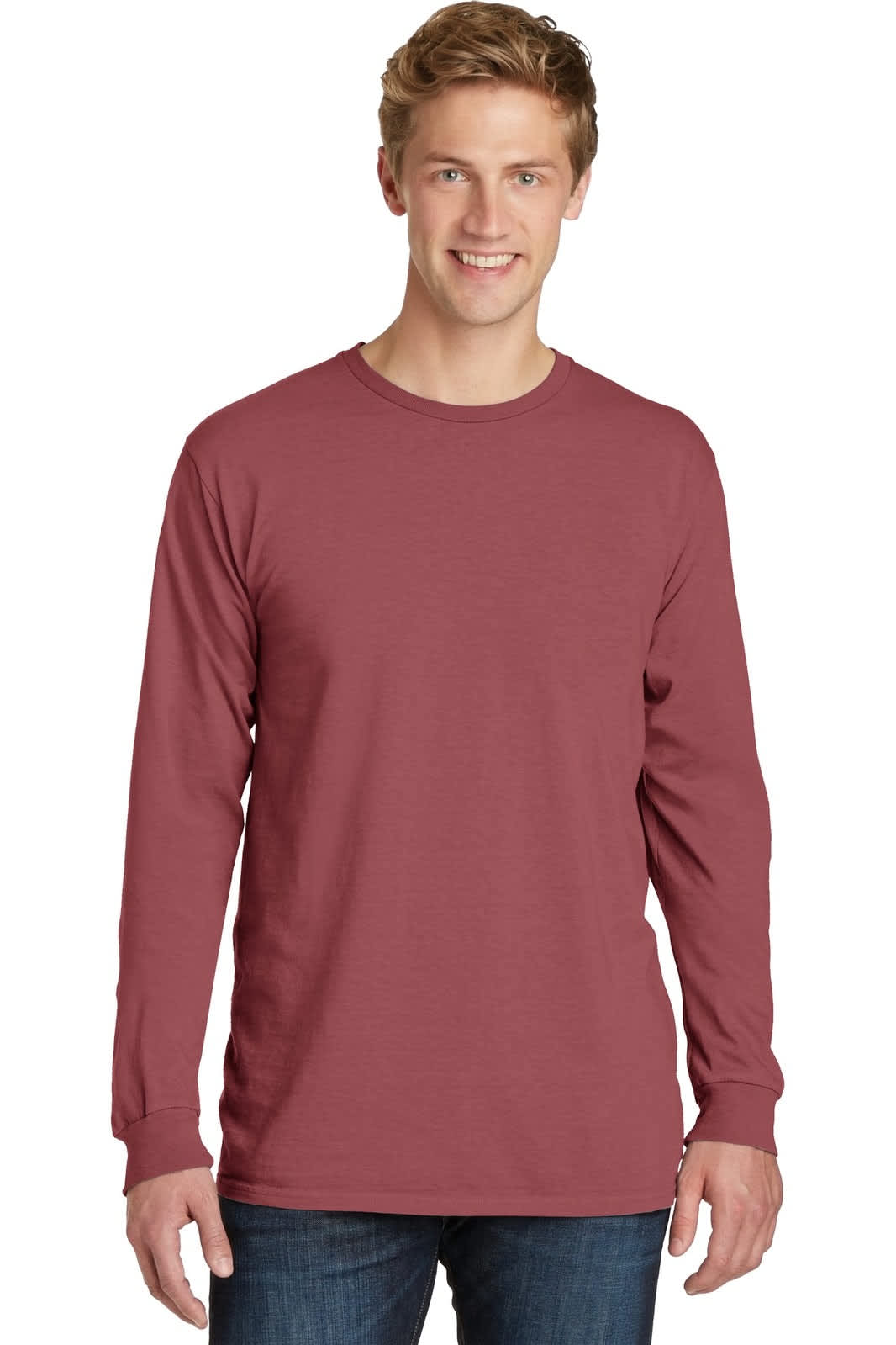 A long sleeve tee in a burgundy shade, featuring a crew neckline and a logo on the front.