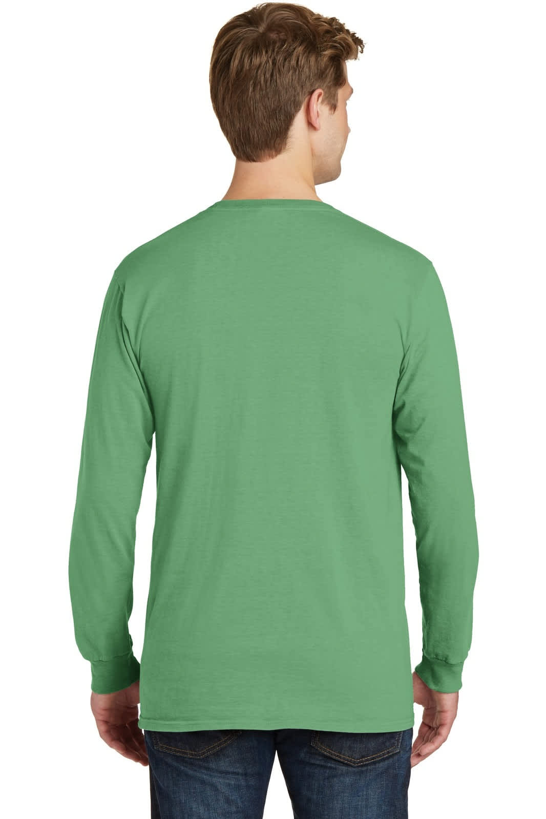 A long sleeve tee in green, featuring a simple design and a logo on the back.