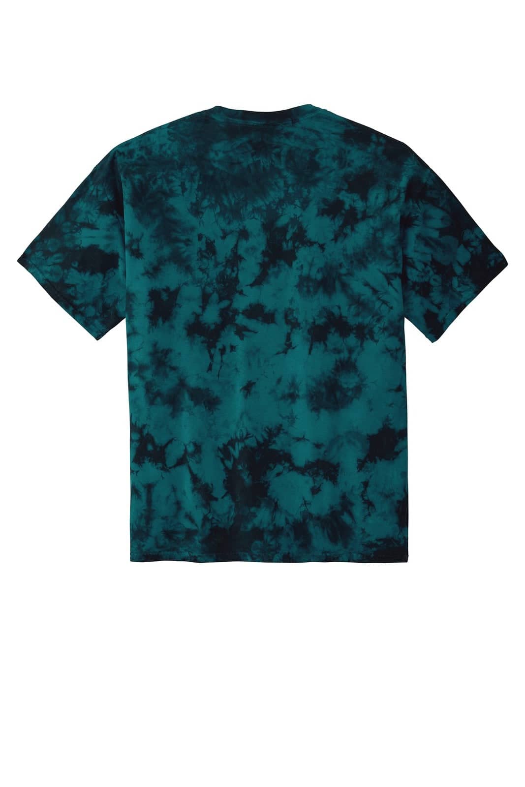 A teal and black tie-dye T-shirt with short sleeves and a branding logo on the back.