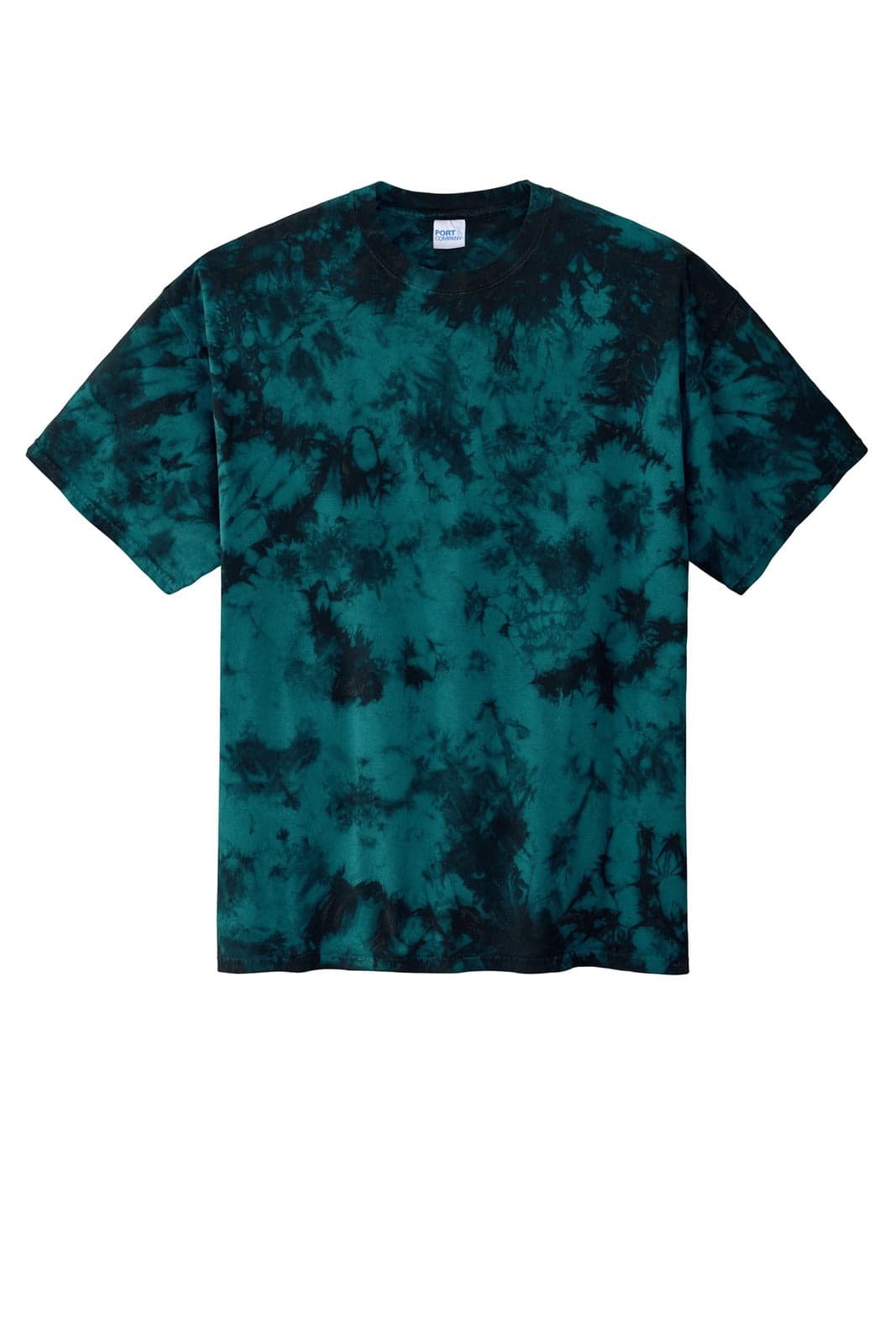 A teal and black tie-dye t-shirt with a relaxed fit and short sleeves. Features a logo on the label.