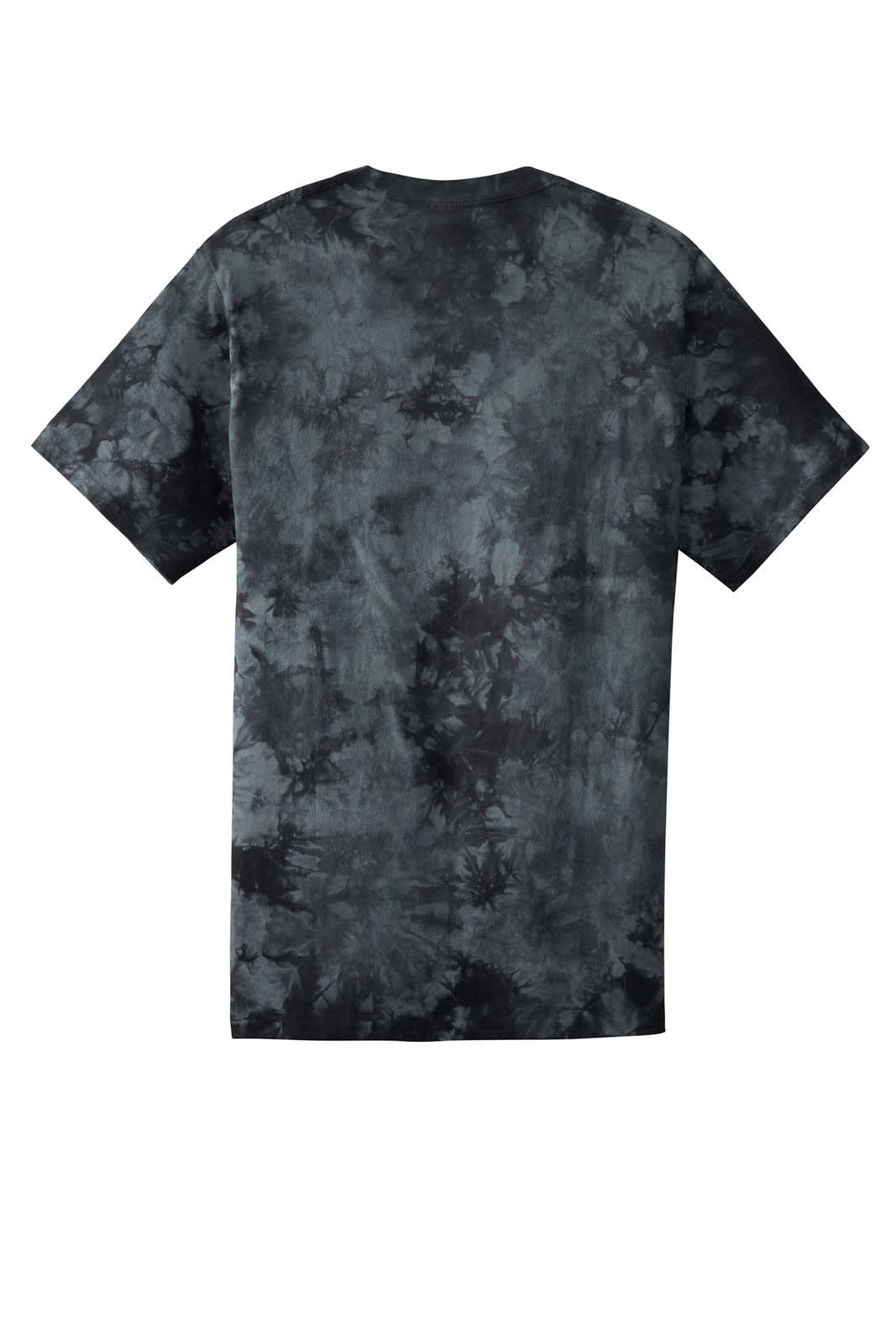 A tie-dye t-shirt in shades of black and grey, featuring a logo on the design. Back view shown.