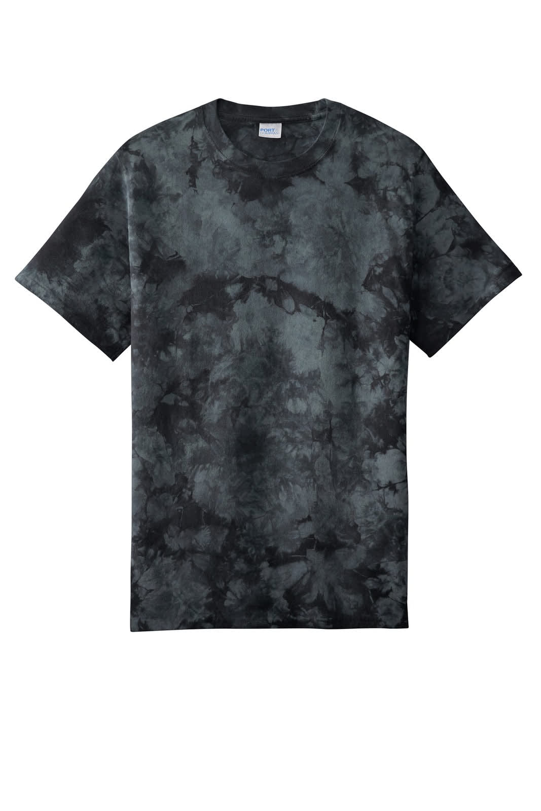 A tie-dye T-shirt in shades of grey and black, featuring a relaxed fit and a branded label.