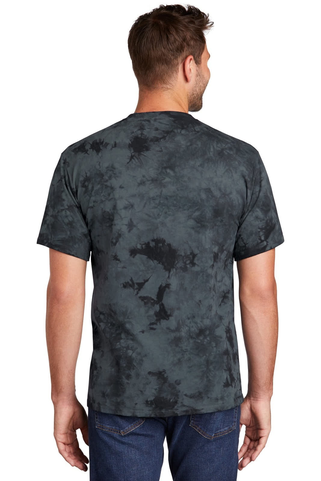 A man wearing a Port & Company tie-dye T-shirt in shades of black and grey, viewed from the back.