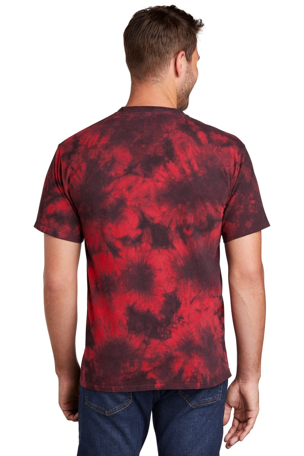 A back view of a men's t-shirt featuring a red and black tie-dye pattern. The shirt has a logo.