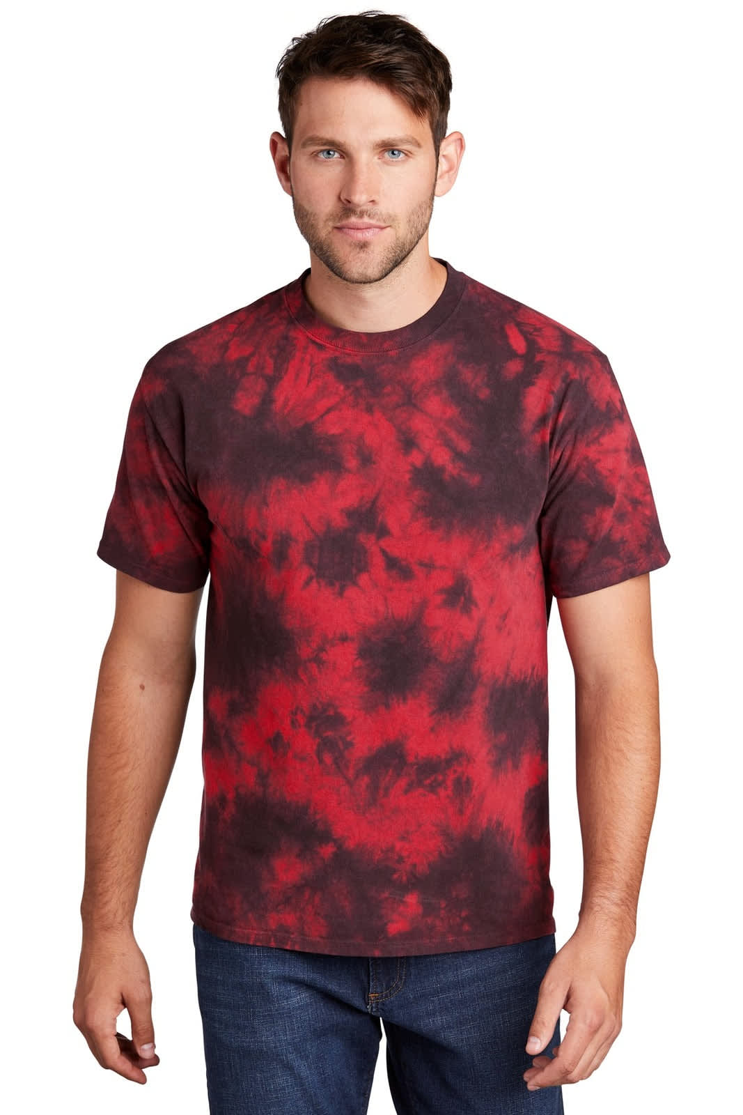 A man wearing a red and black tie-dye T-shirt featuring a round neck and short sleeves. A logo is present.