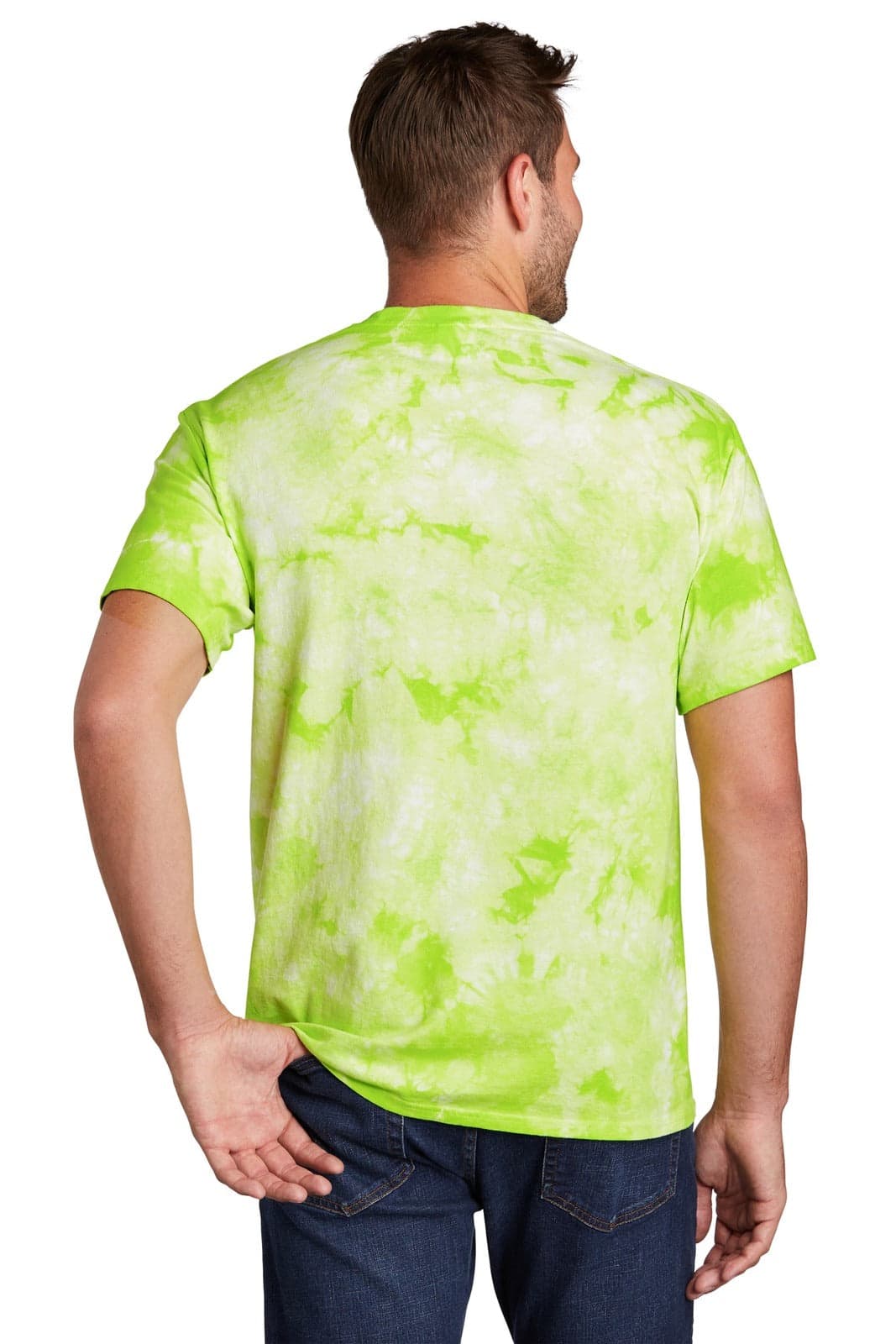 A male model is wearing a bright lime green tie-dye t-shirt with a relaxed fit, featuring a branding logo.