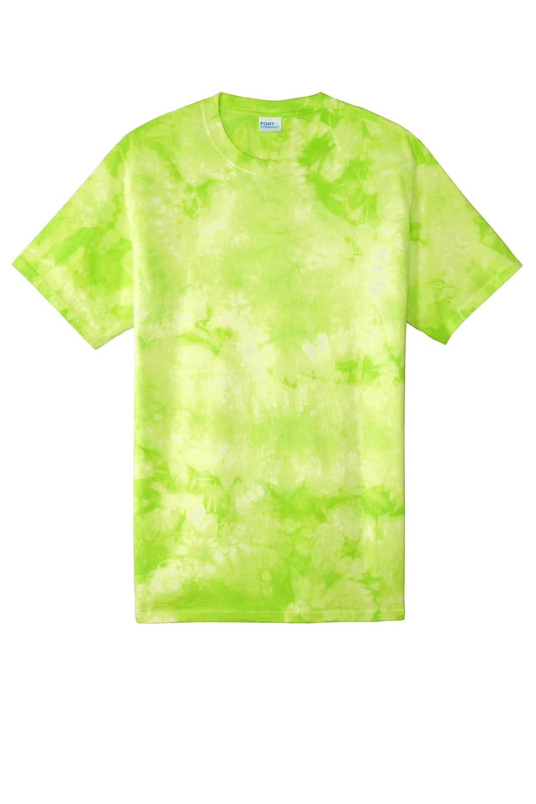 A vibrant green tie-dye T-shirt featuring a mix of shades in a unique pattern. It includes a logo on the label.