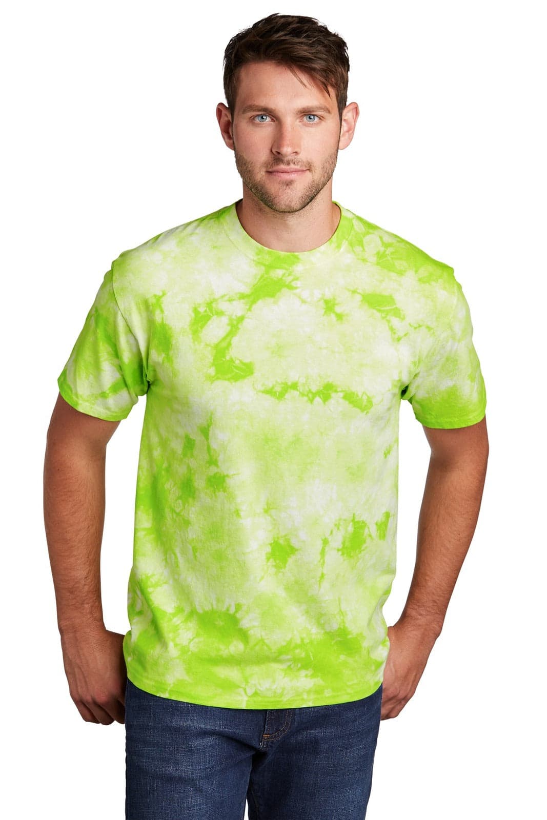 A man wearing a bright green and white tie-dye t-shirt with a logo on it, standing against a plain background.