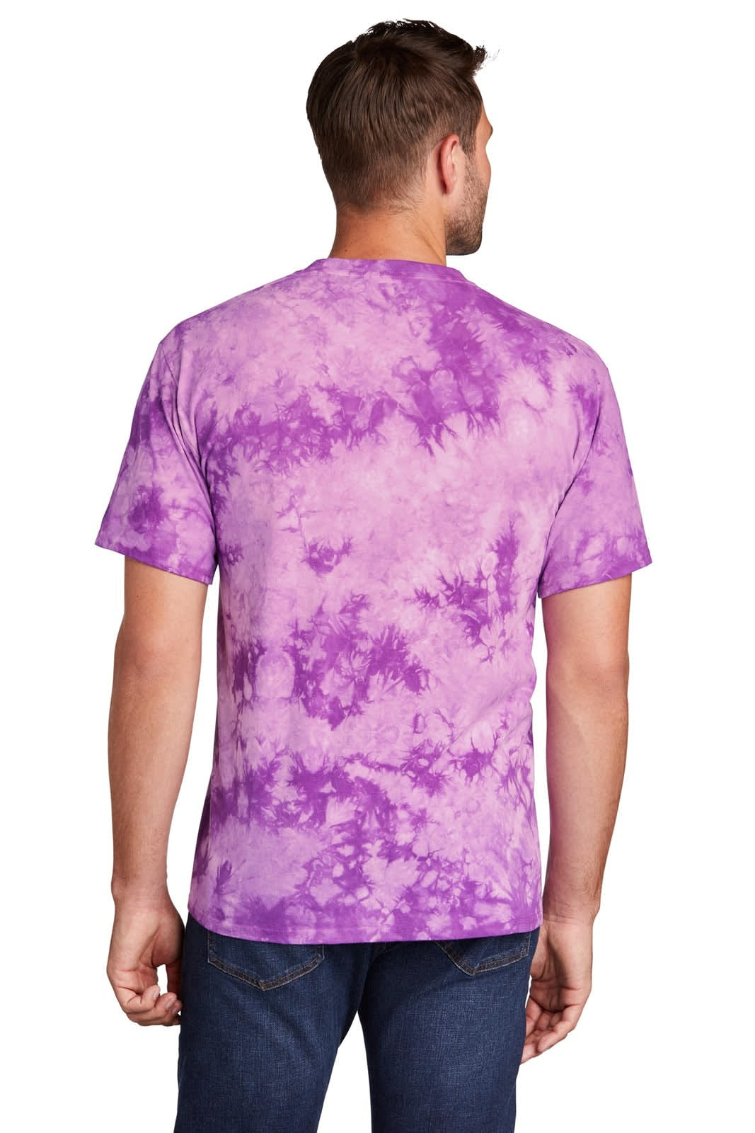 A purple tie-dye T-shirt with varying shades, featuring a logo on the back.