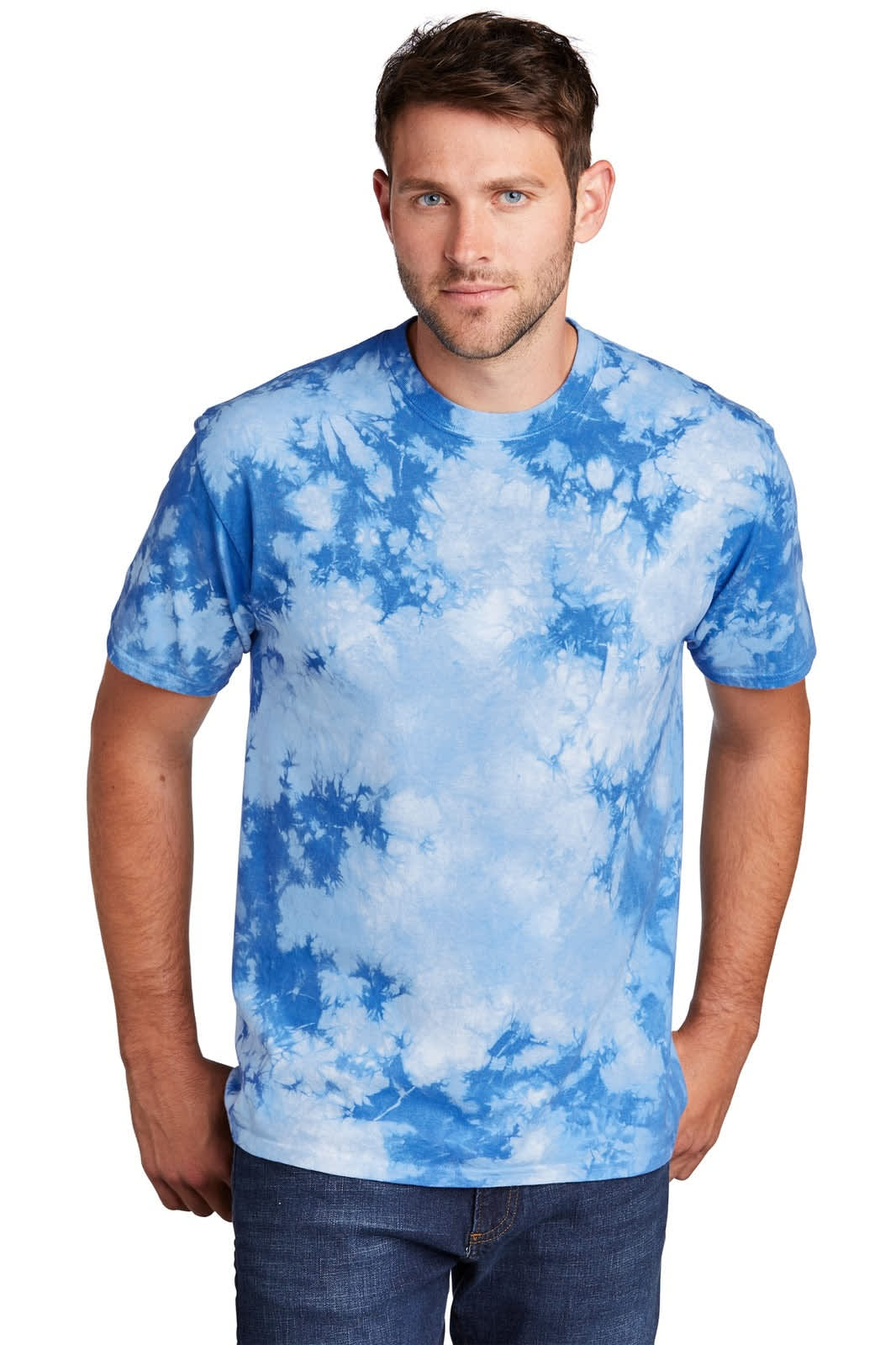A blue tie-dye t-shirt featuring a cloudy pattern, modelled by a man. The shirt has a logo on it.