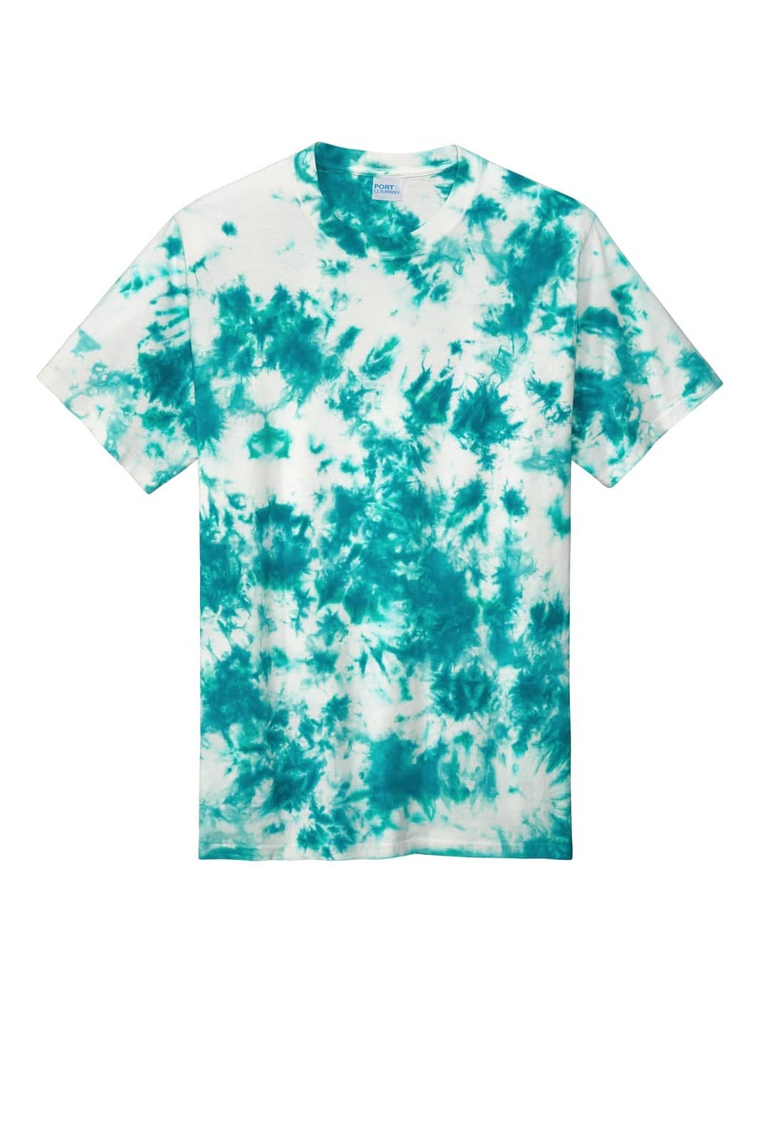 A tie-dye t-shirt featuring a white base with teal and aqua patterns. The shirt has a branding logo.