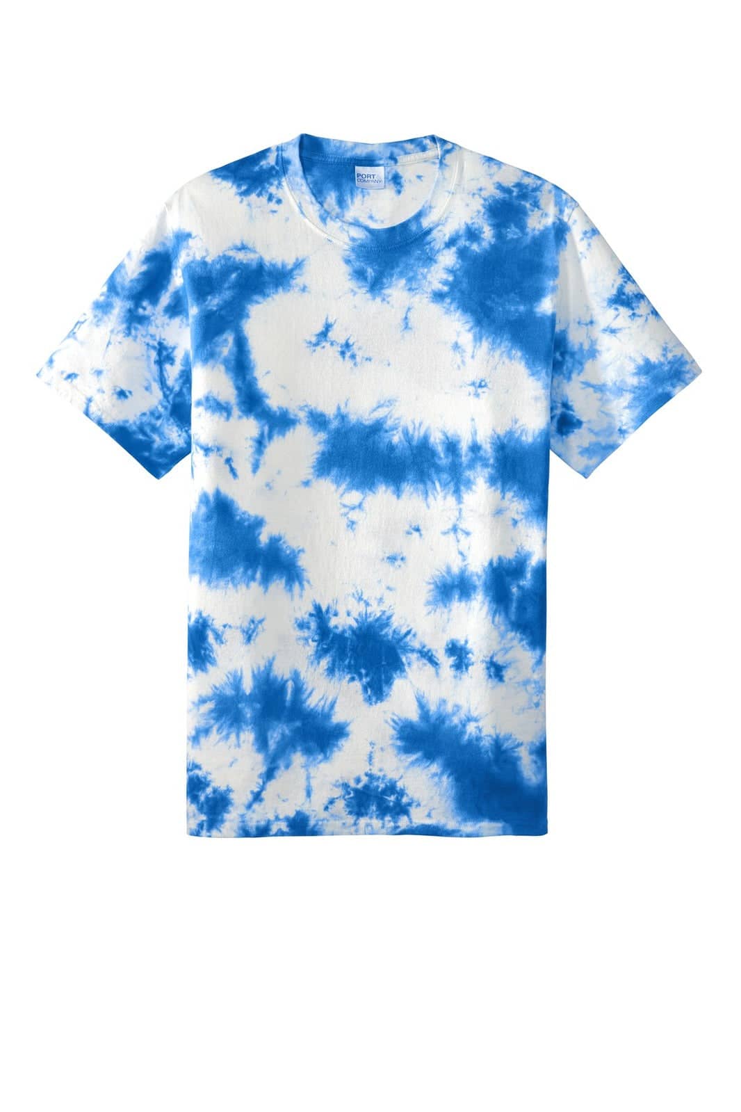 A blue and white tie-dye T-shirt with short sleeves. The shirt features a logo on the label.