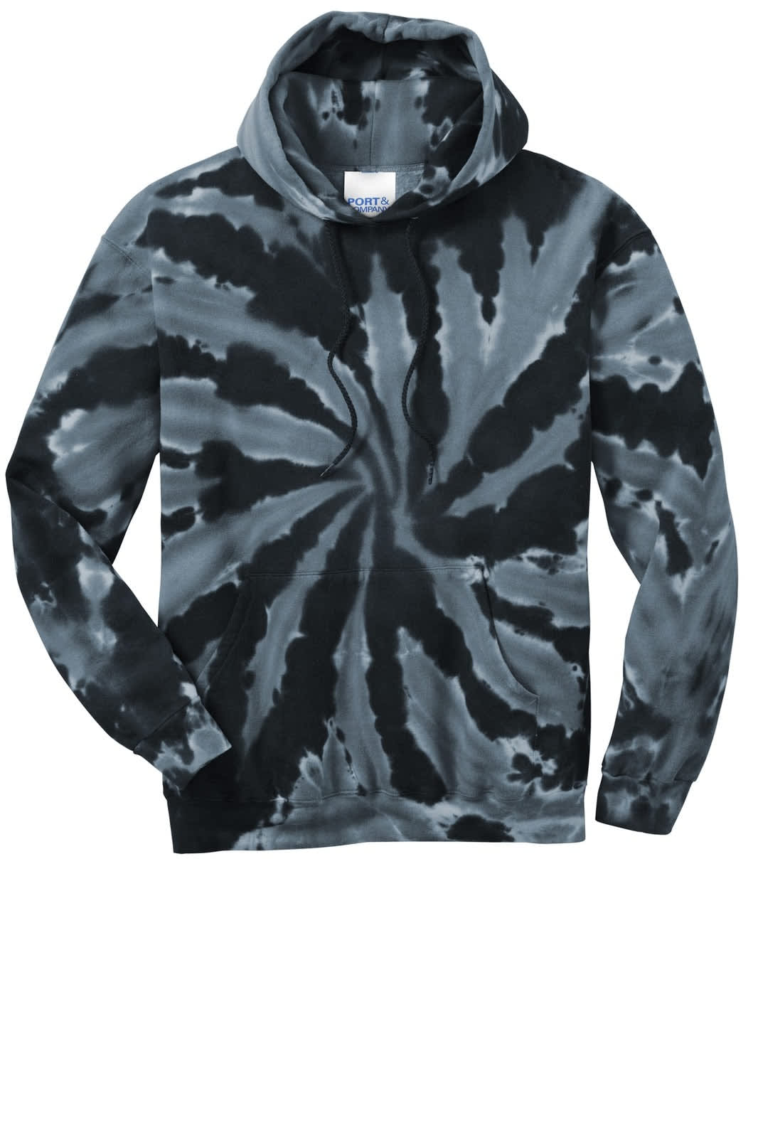 A tie-dye pullover hooded sweatshirt in shades of black and grey, featuring a swirl pattern and a logo on the label.
