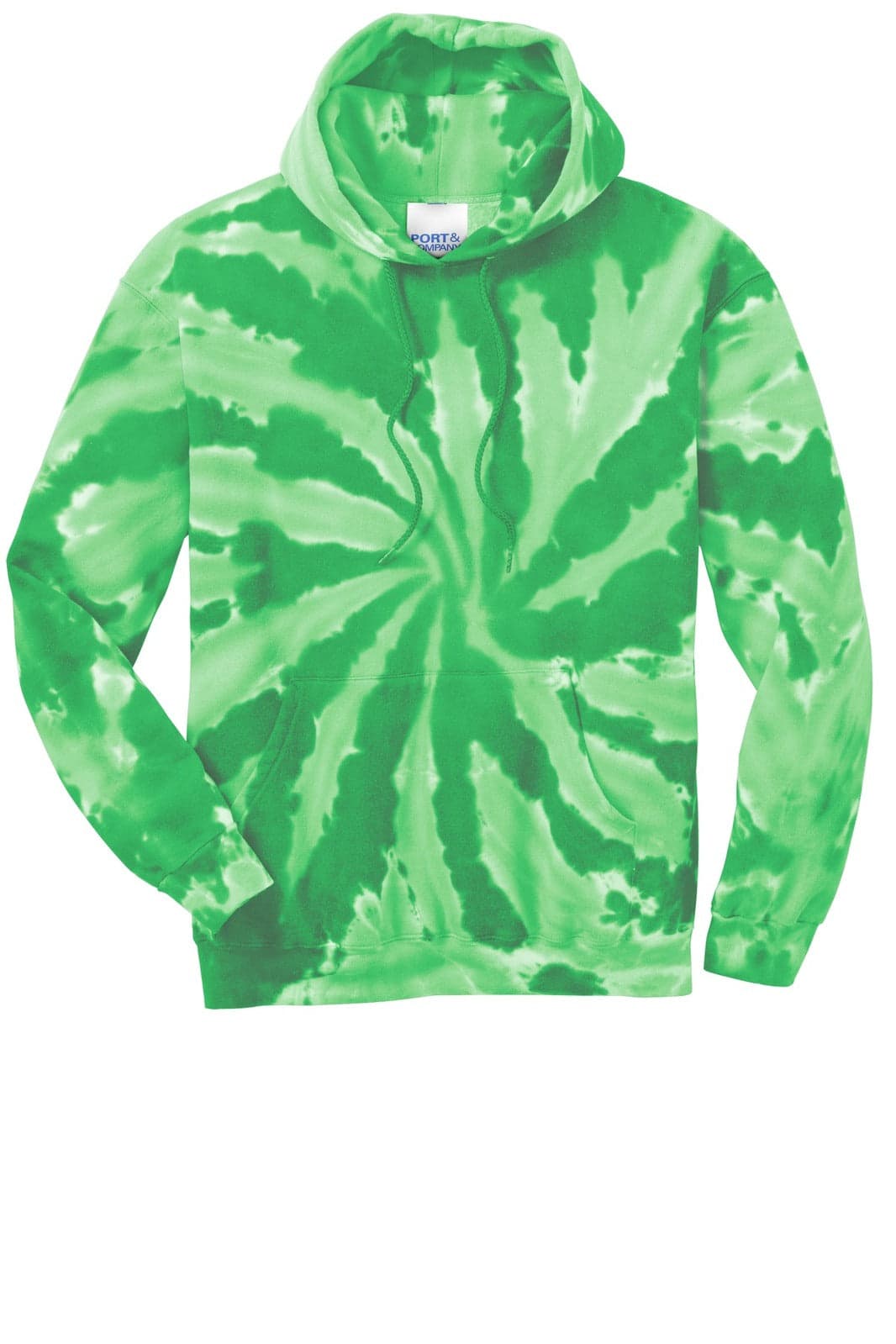 A green tie-dye pullover hooded sweatshirt featuring a spiral pattern and a logo on the label.