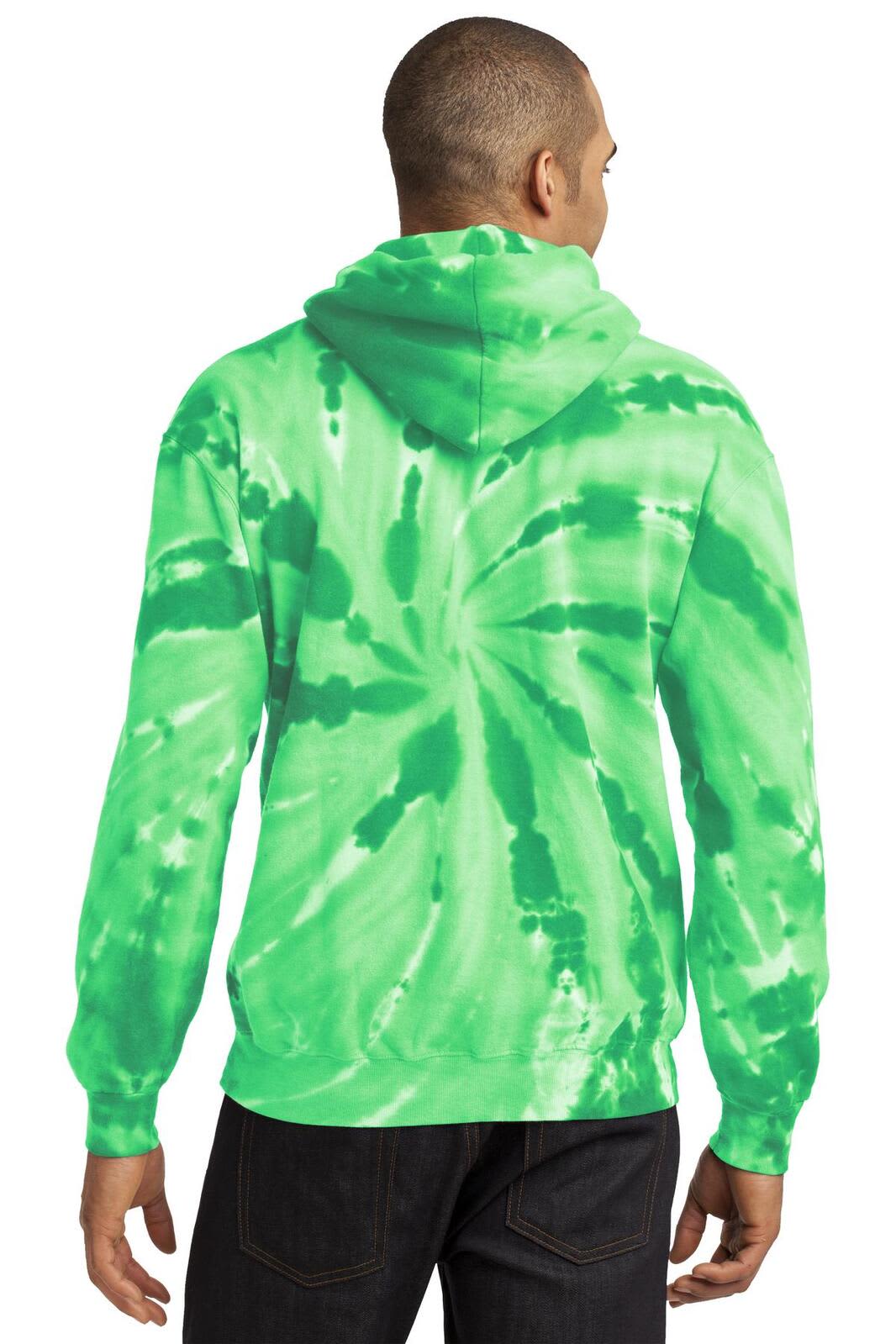 A green tie-dye pullover hooded sweatshirt with a swirling pattern and a hood, featuring a logo.