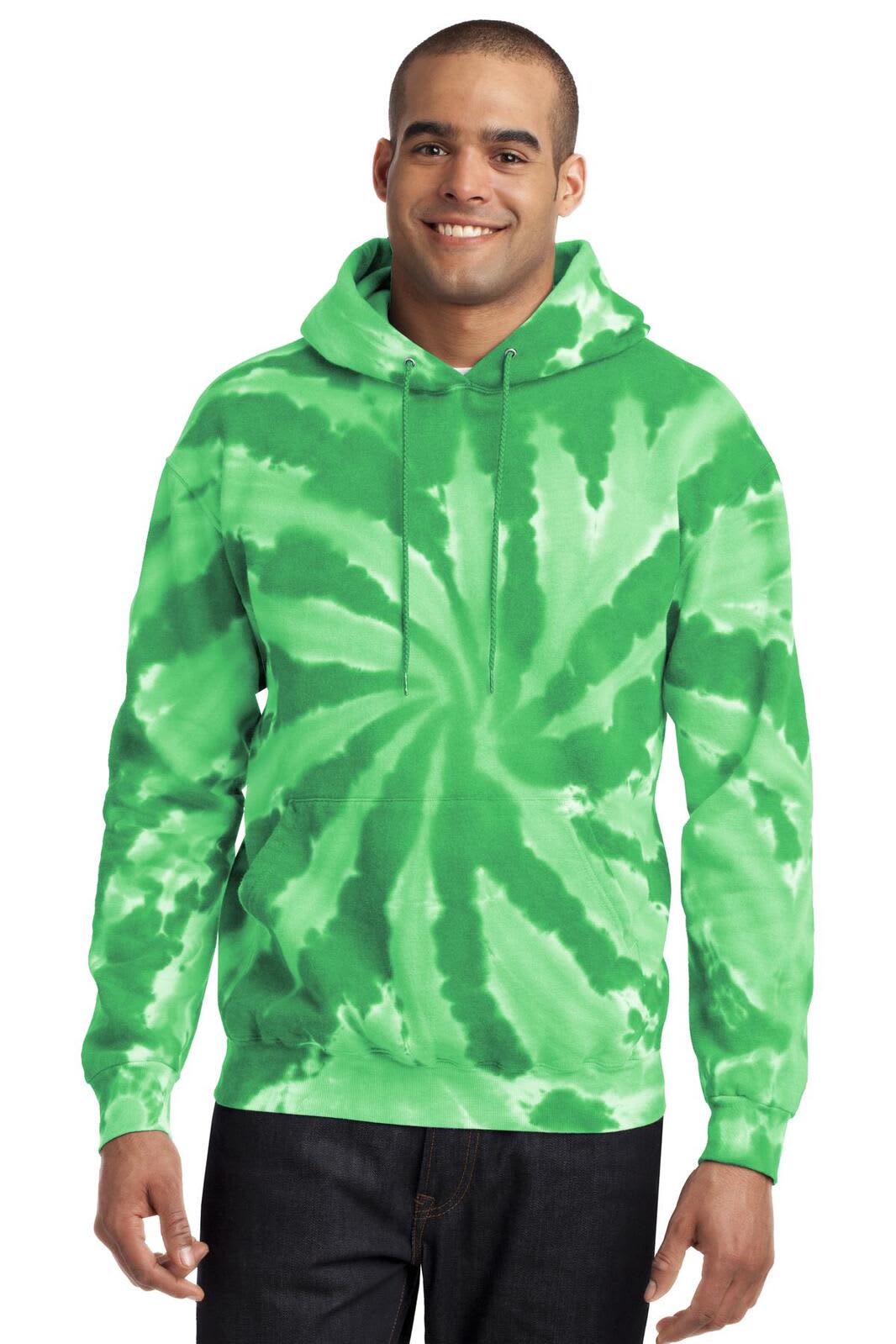 A green tie-dye pullover hooded sweatshirt on a model. The sweatshirt features a spiral pattern and a logo.