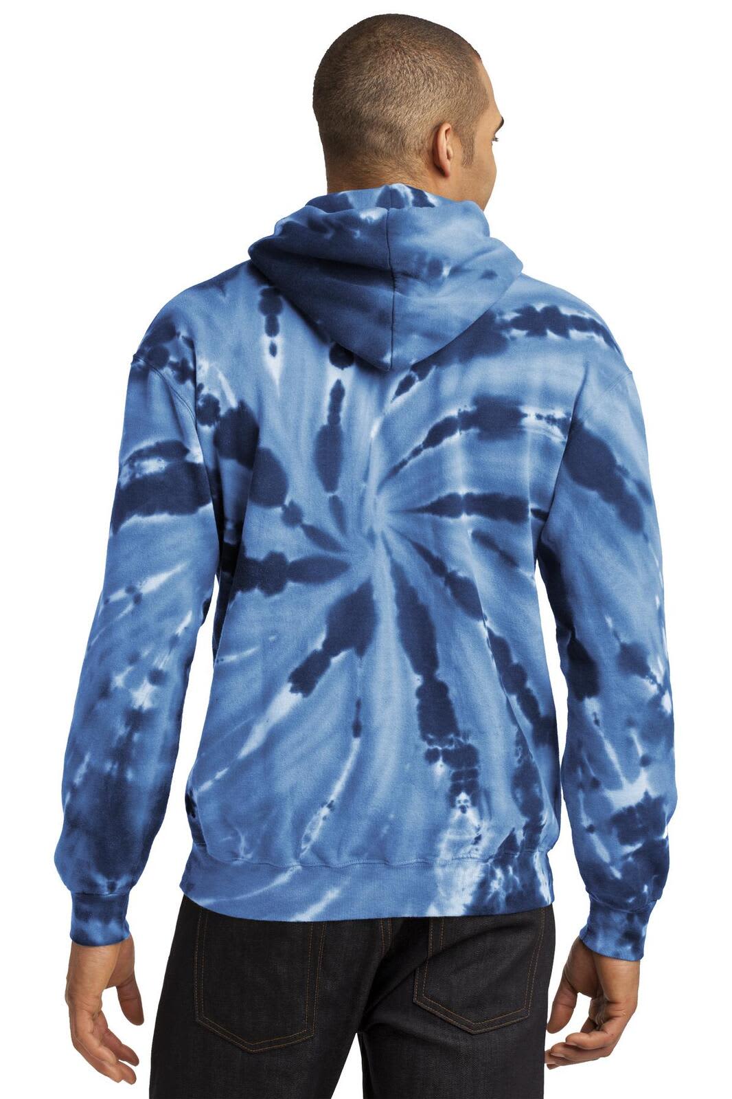 A blue tie-dye pullover hooded sweatshirt with a spiral pattern, featuring a hood and long sleeves.