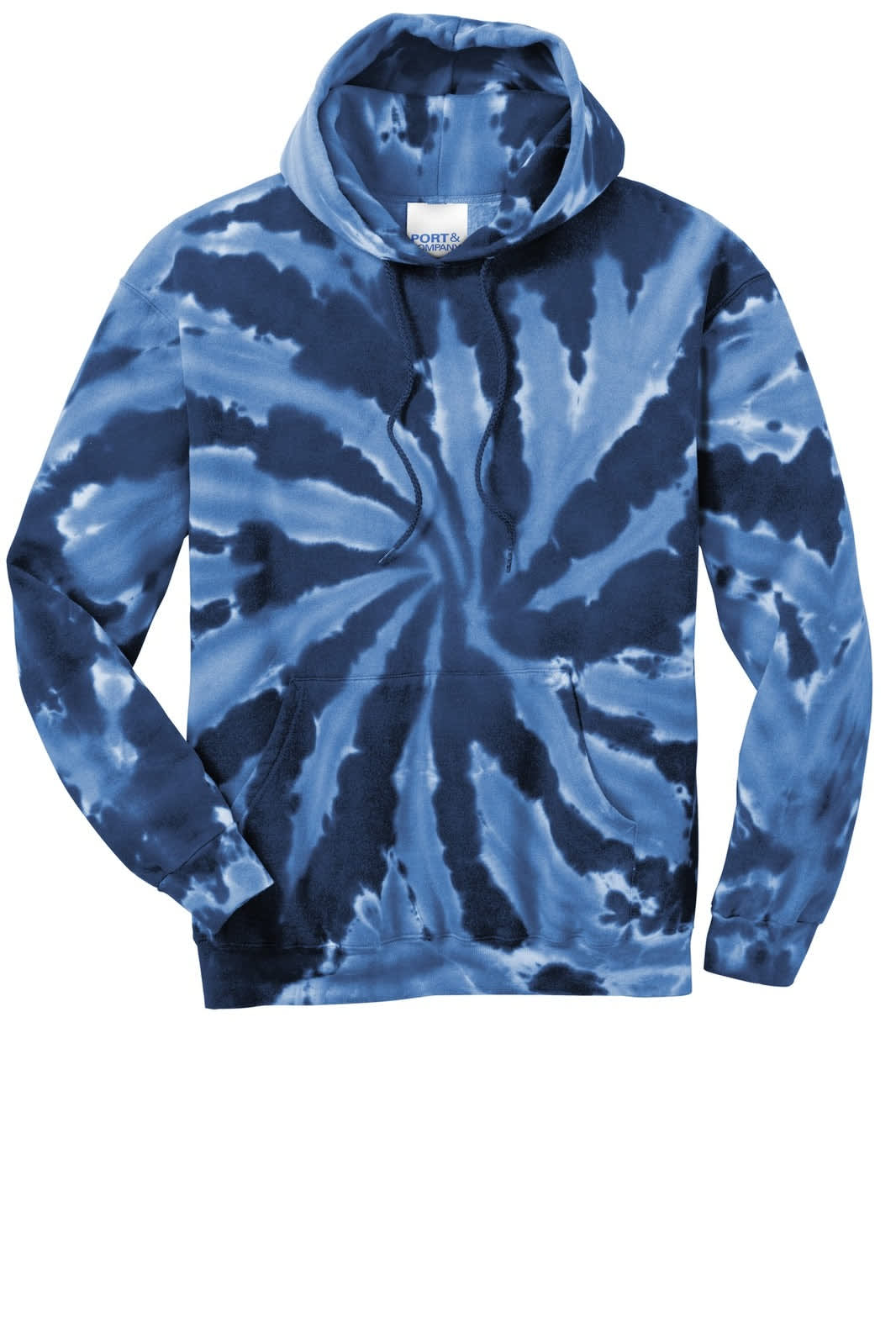 A blue tie-dye pullover hooded sweatshirt with a spiral pattern and a front pocket. It features a logo on the label.