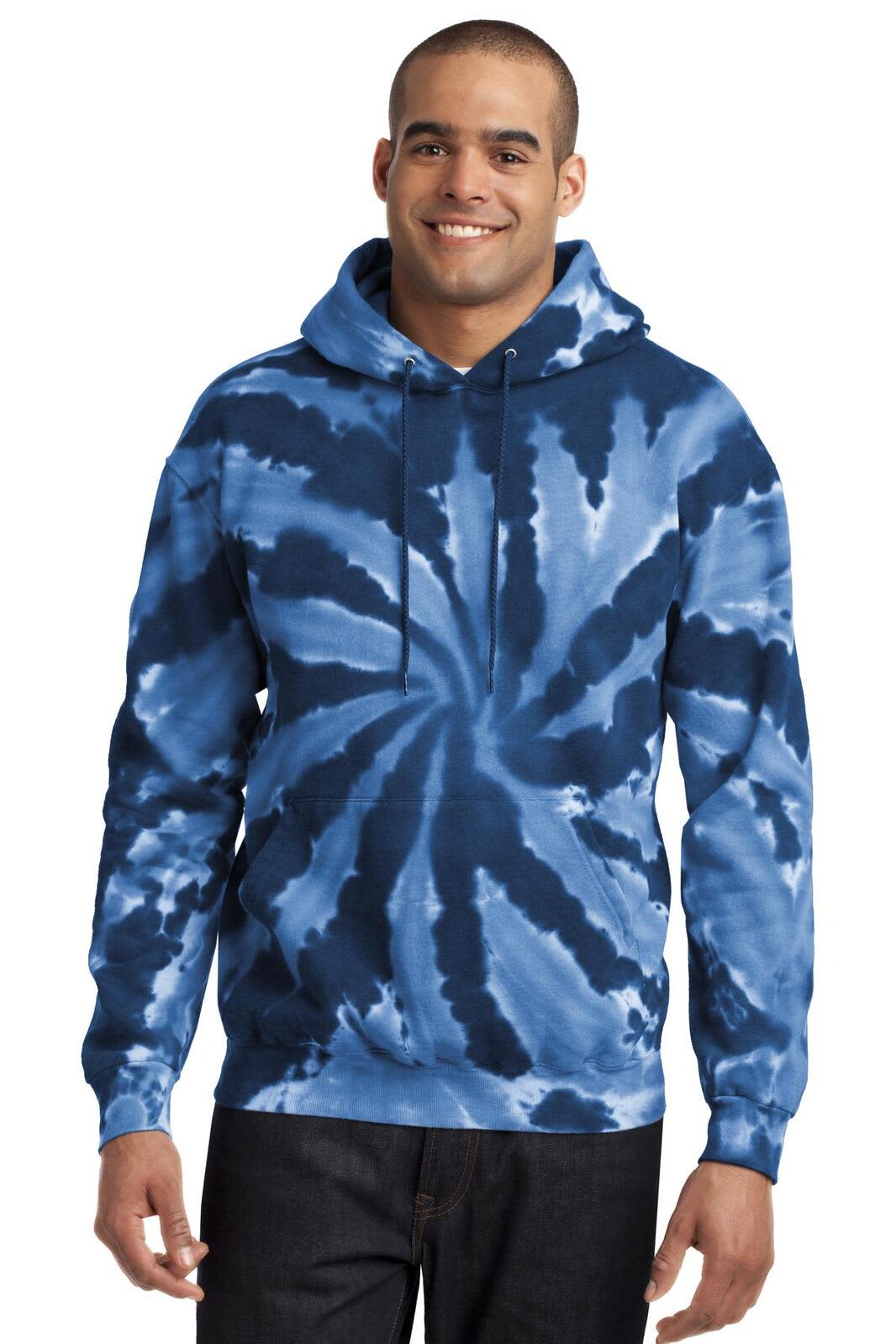 A tie-dye pullover hooded sweatshirt in shades of blue, featuring a spiral pattern and a logo.