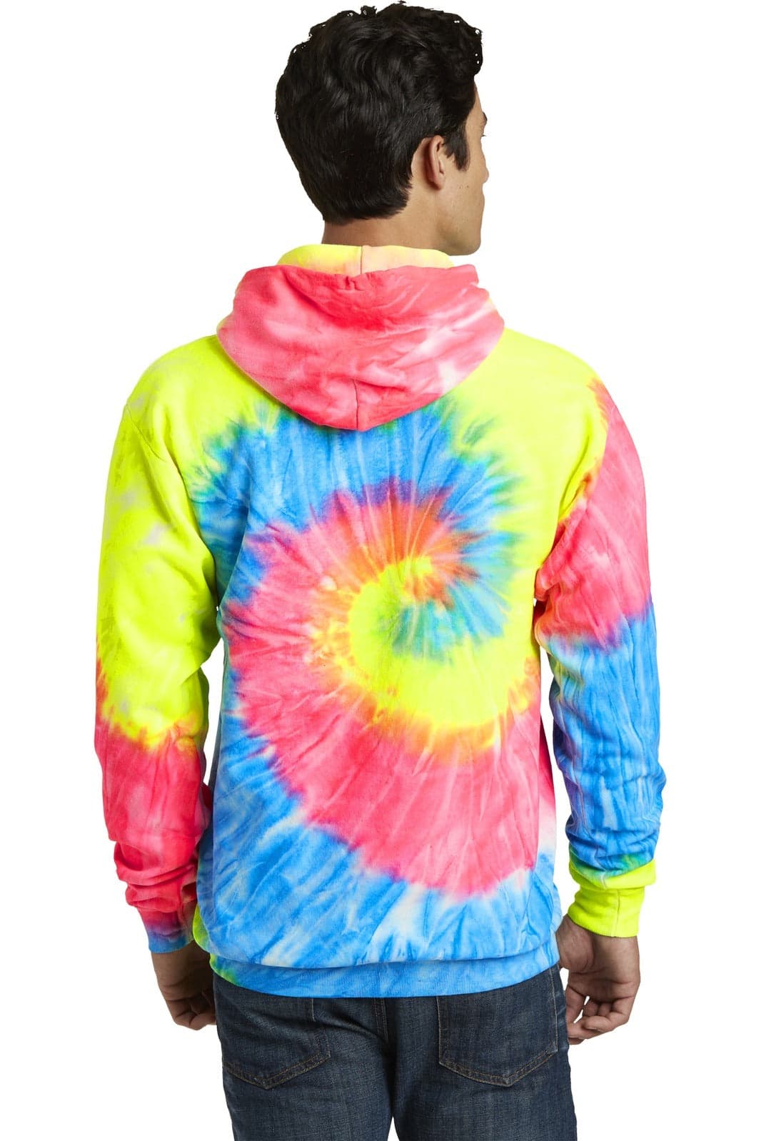A vibrant tie-dye pullover hooded sweatshirt featuring yellow, pink, and blue colours, with a logo on the back.