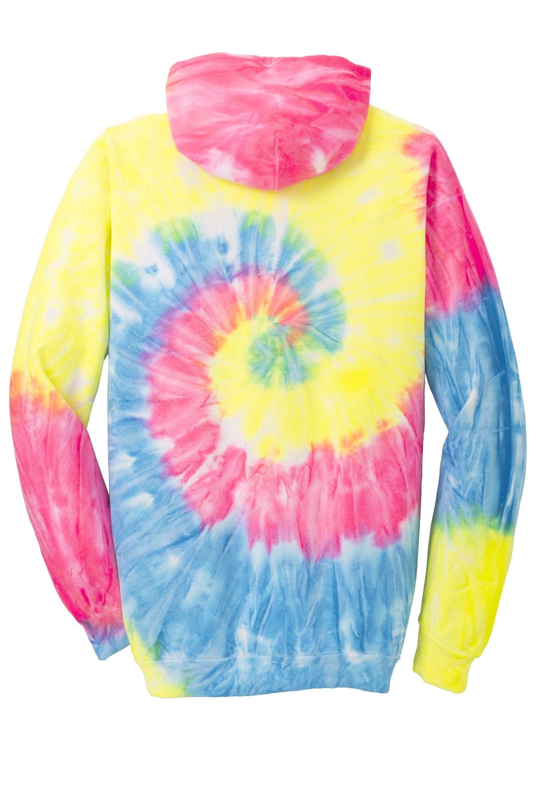 A tie-dye pullover hooded sweatshirt in vibrant yellow, pink, and blue with a spiral pattern and a branded tag.