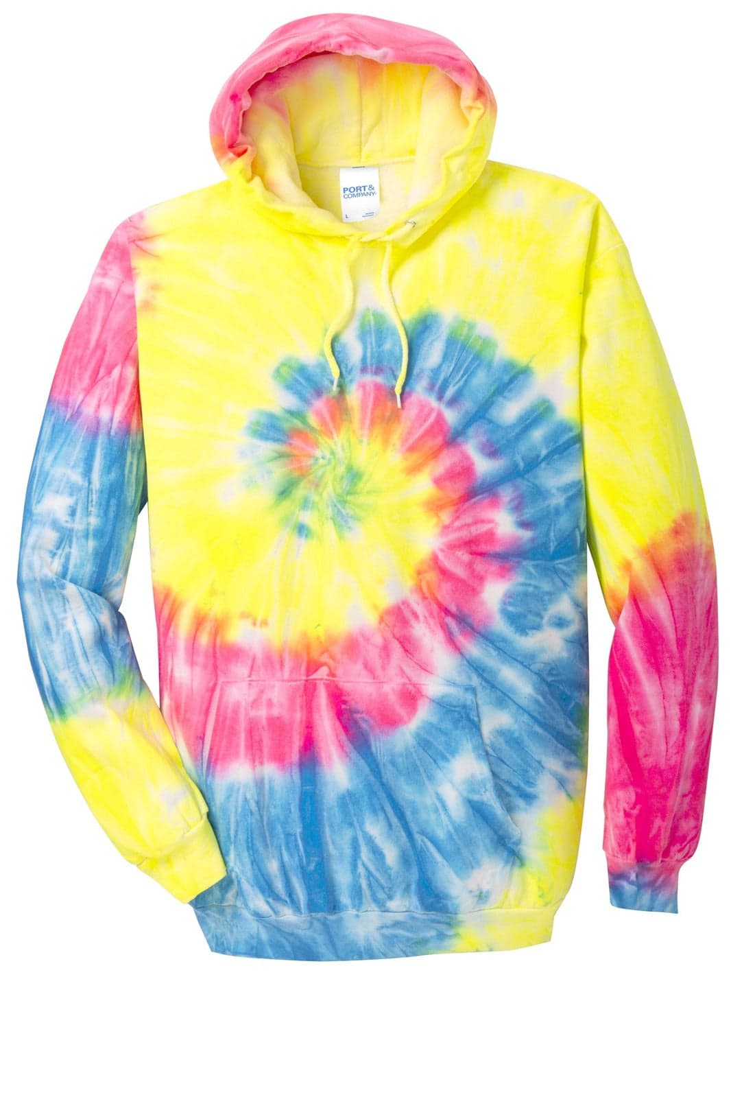 A tie-dye pullover hooded sweatshirt in yellow, pink, and blue with a spiral pattern and a logo.