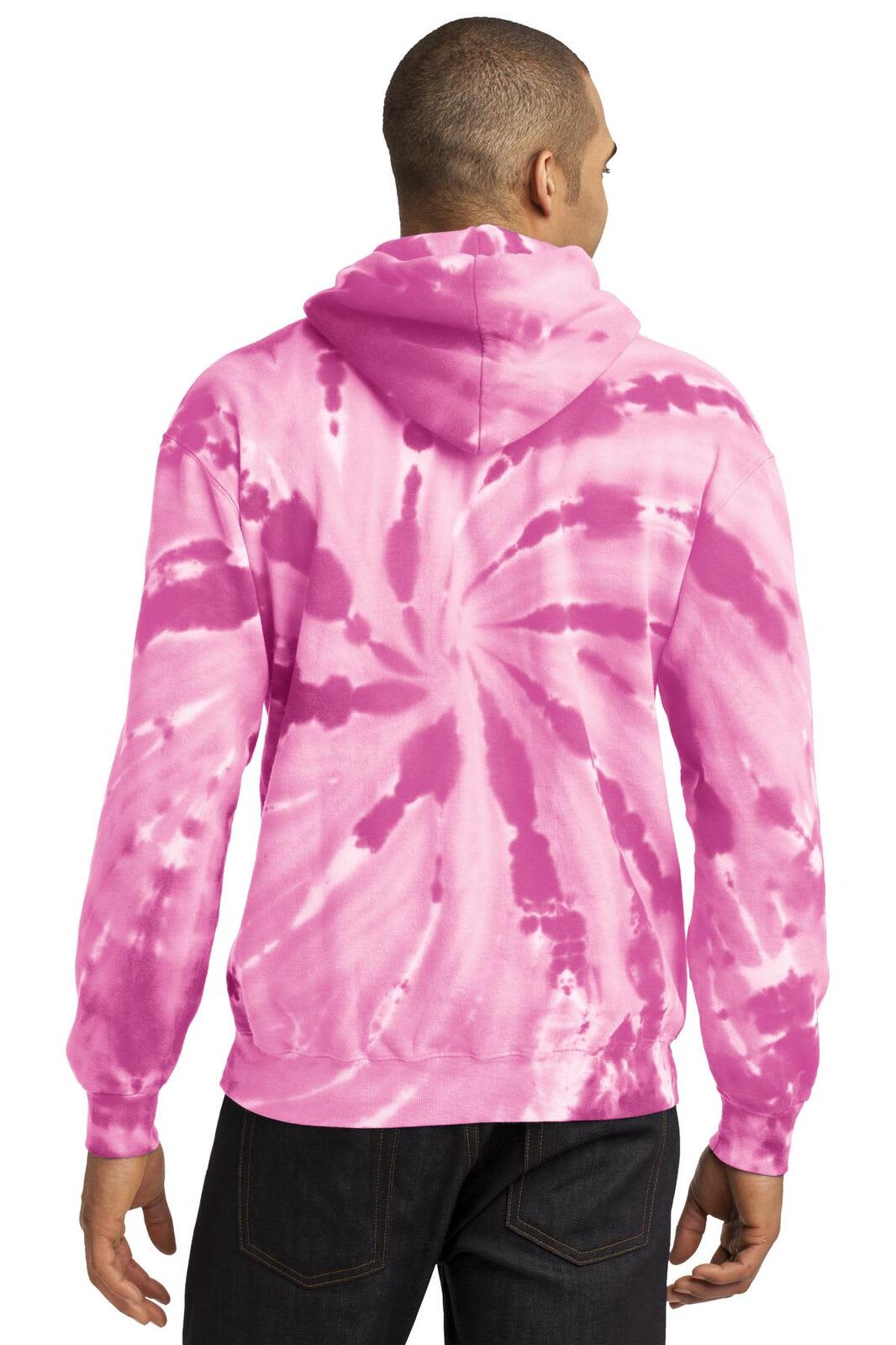 A pink tie-dye pullover hooded sweatshirt featuring a spiral pattern and a logo on the back.