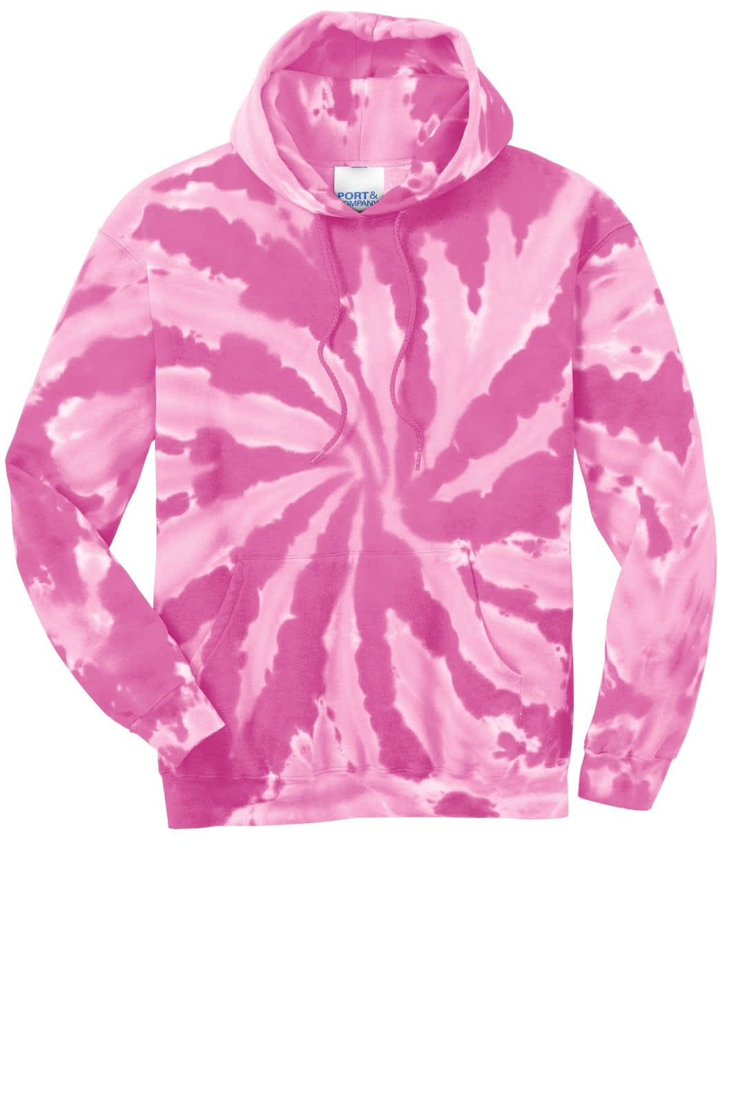 A pink tie-dye pullover hooded sweatshirt featuring a spiral pattern and a front pocket. It has a branded label.