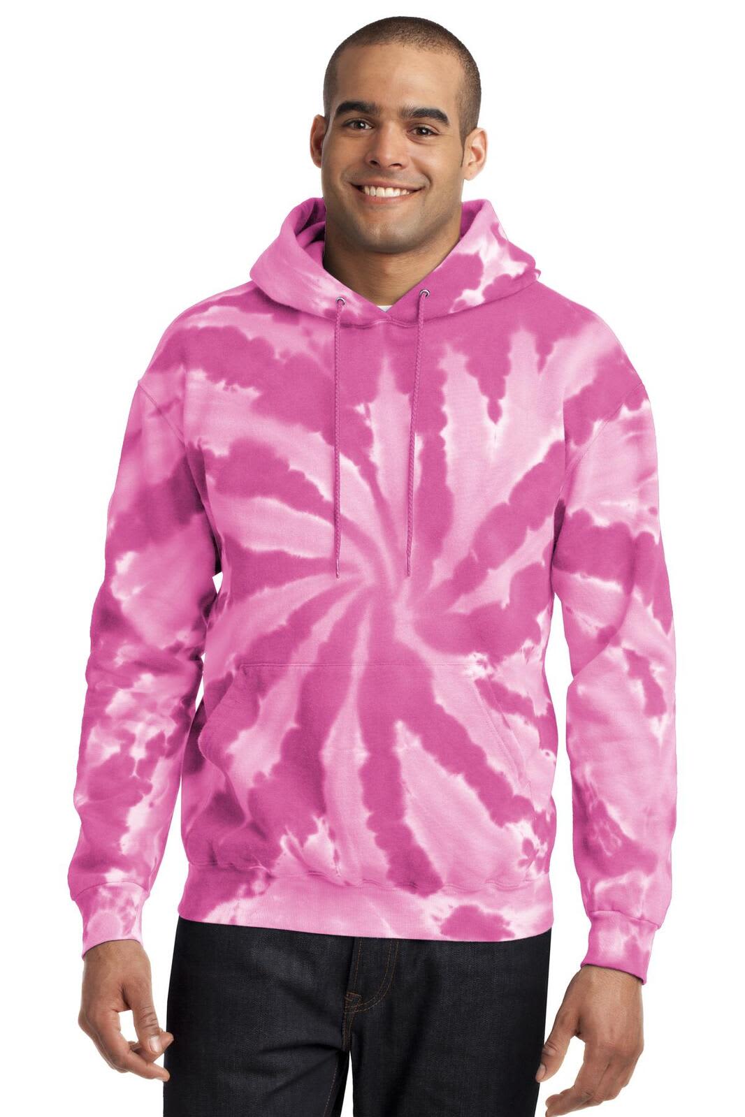 A pink tie-dye pullover hooded sweatshirt with a spiral pattern, displayed on a smiling male model.