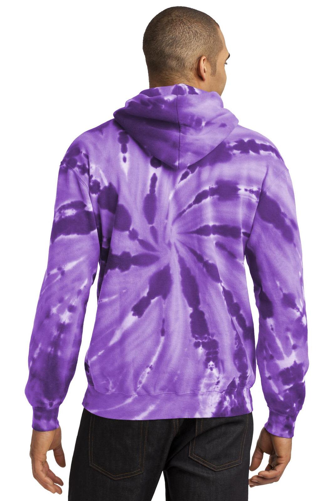 A purple tie-dye pullover hooded sweatshirt featuring a logo on the back.