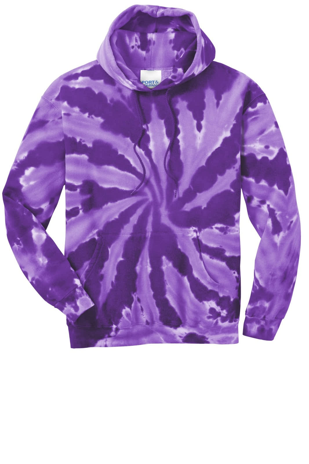 A purple tie-dye pullover hooded sweatshirt with a spiral pattern and a front pocket. It has a logo on the label.