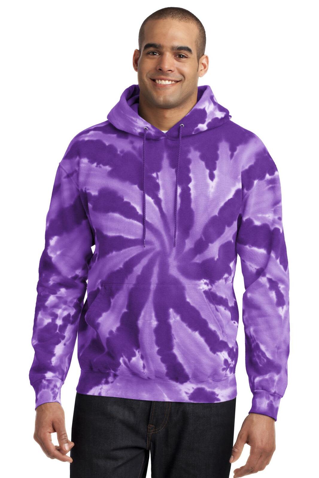 A purple tie-dye pullover hooded sweatshirt featuring a spiral pattern and a branding logo.