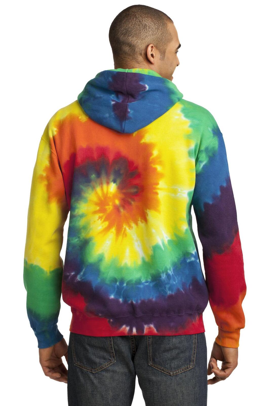 A colourful tie-dye pullover hooded sweatshirt featuring a swirl pattern in red, yellow, green, blue, and purple.