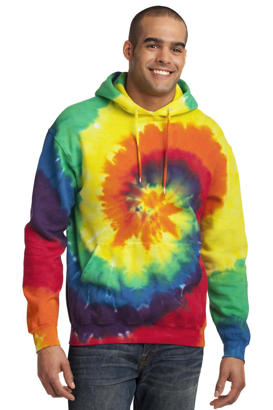 A tie-dye pullover hooded sweatshirt featuring vibrant colours of yellow, green, blue, red, and purple, with a logo.