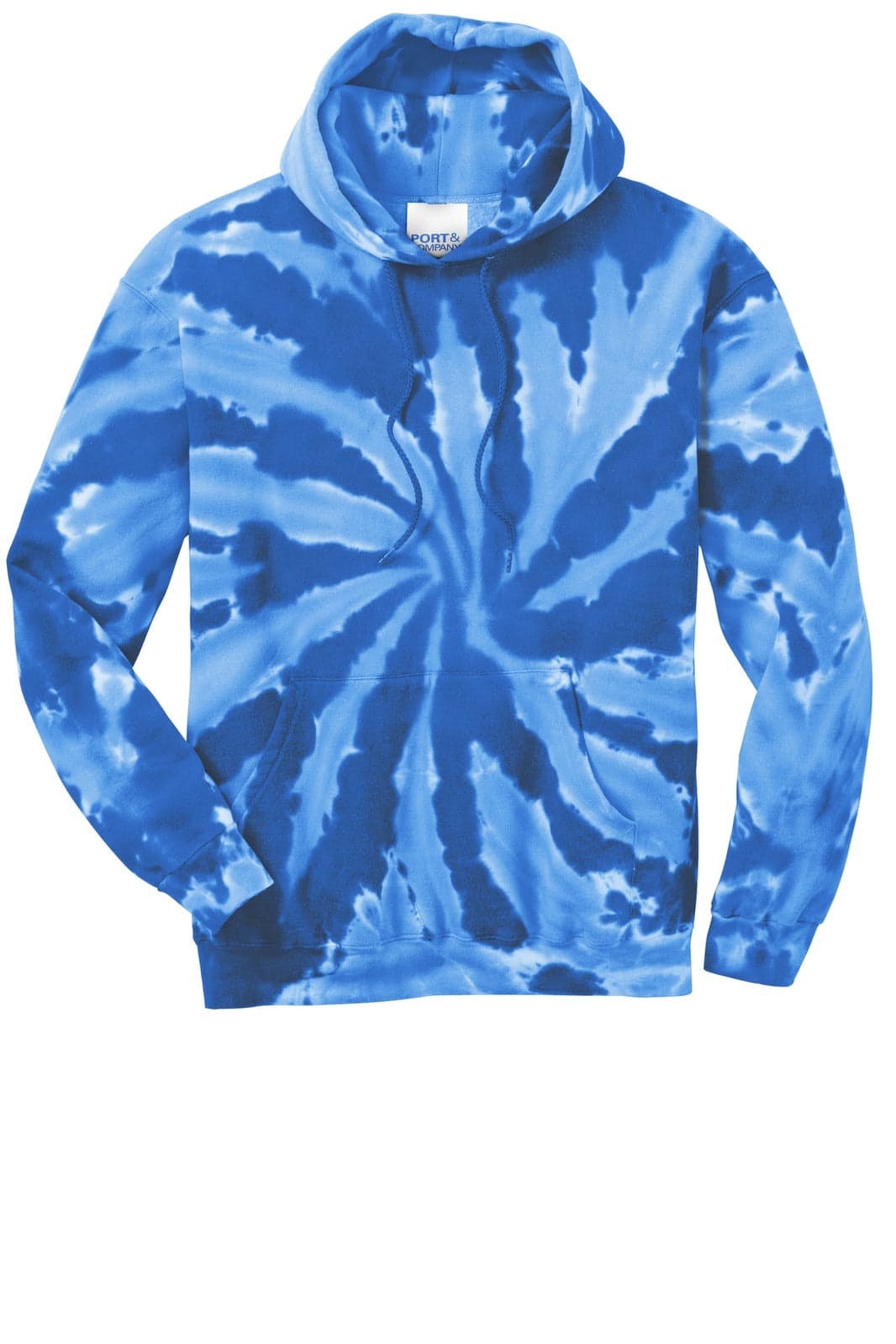 A blue tie-dye pullover hooded sweatshirt featuring a spiral pattern and a front pouch pocket. The garment has a logo.